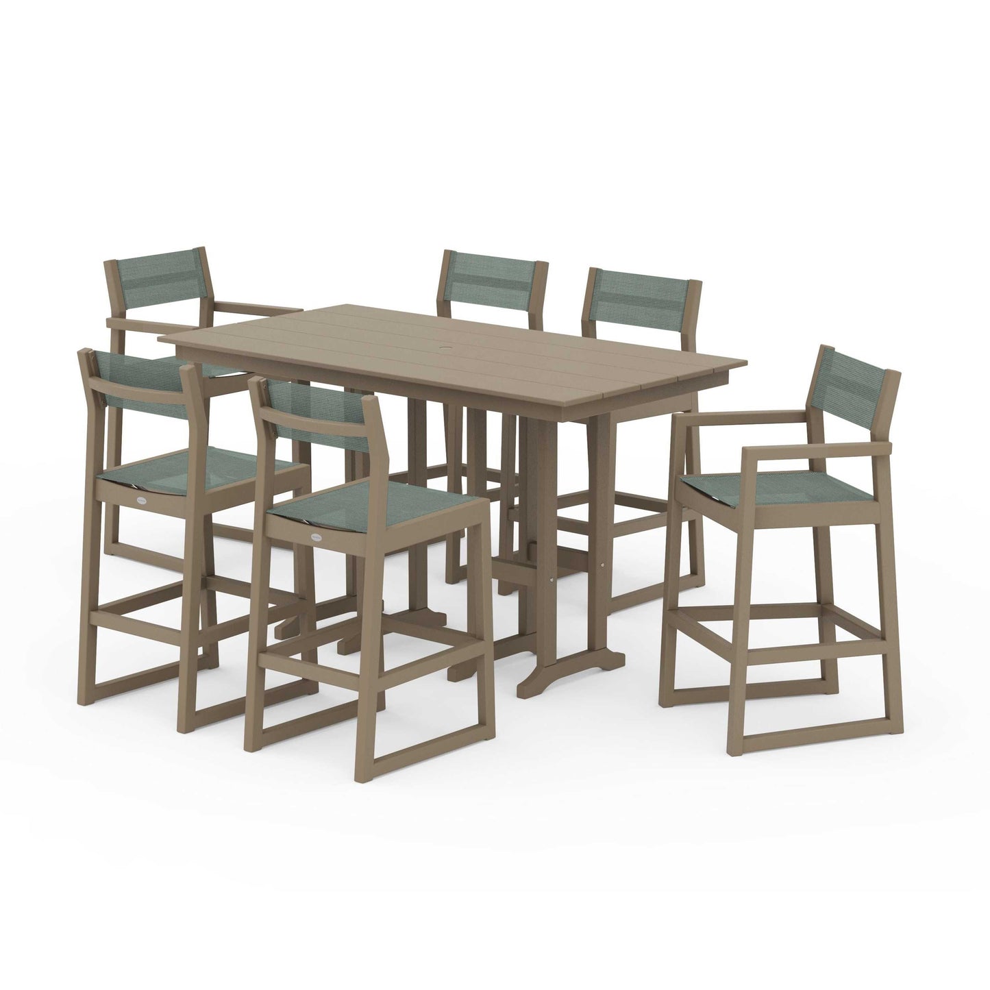 POLYWOOD EDGE Sling 7-Piece Farmhouse Bar Set — Vintage Sahara / Dupioni Sea Mist Sling