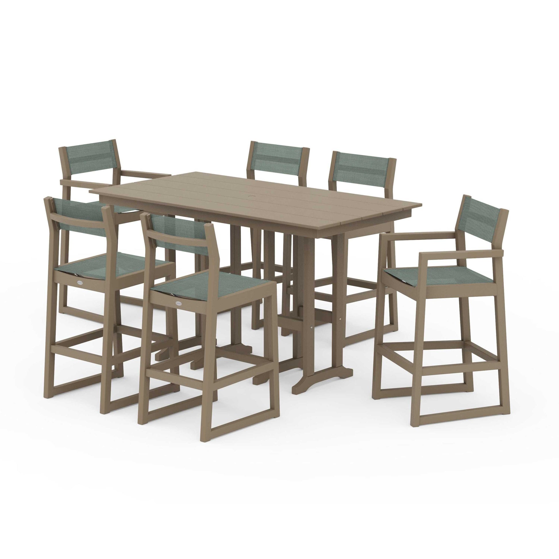POLYWOOD EDGE Sling 7-Piece Farmhouse Bar Set — Vintage Sahara / Dupioni Sea Mist Sling