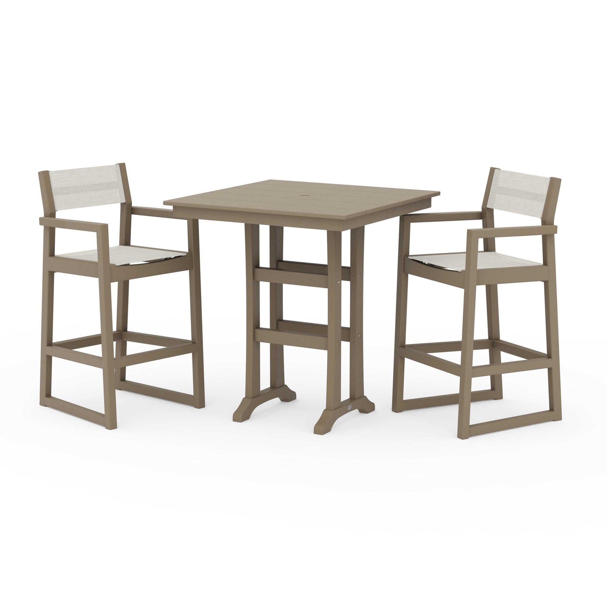 POLYWOOD EDGE Sling Arm Chair 3-Piece Farmhouse Bar Set with Trestle Legs — Vintage Sahara / Parchment Sling
