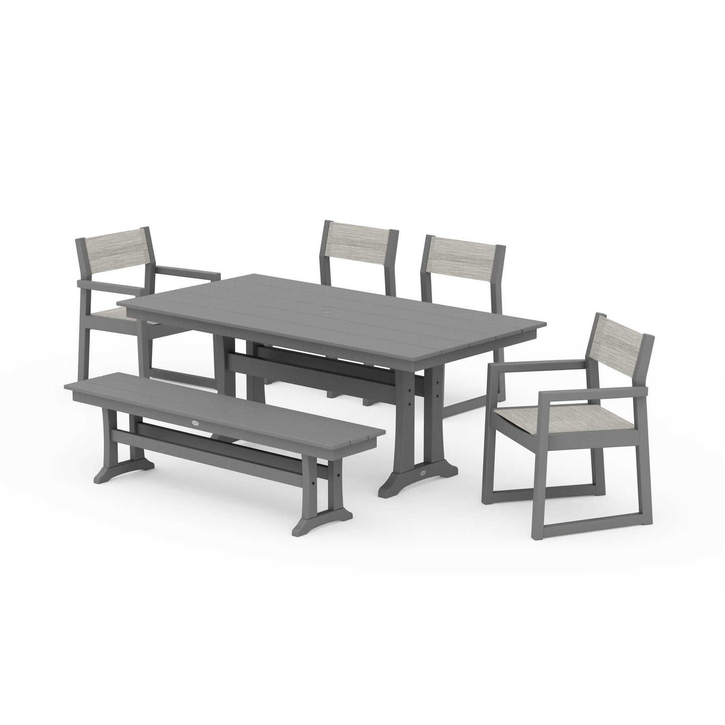 POLYWOOD EDGE Sling 6-Piece Farmhouse Dining Set With Trestle Legs — Slate Grey / Birch Sling