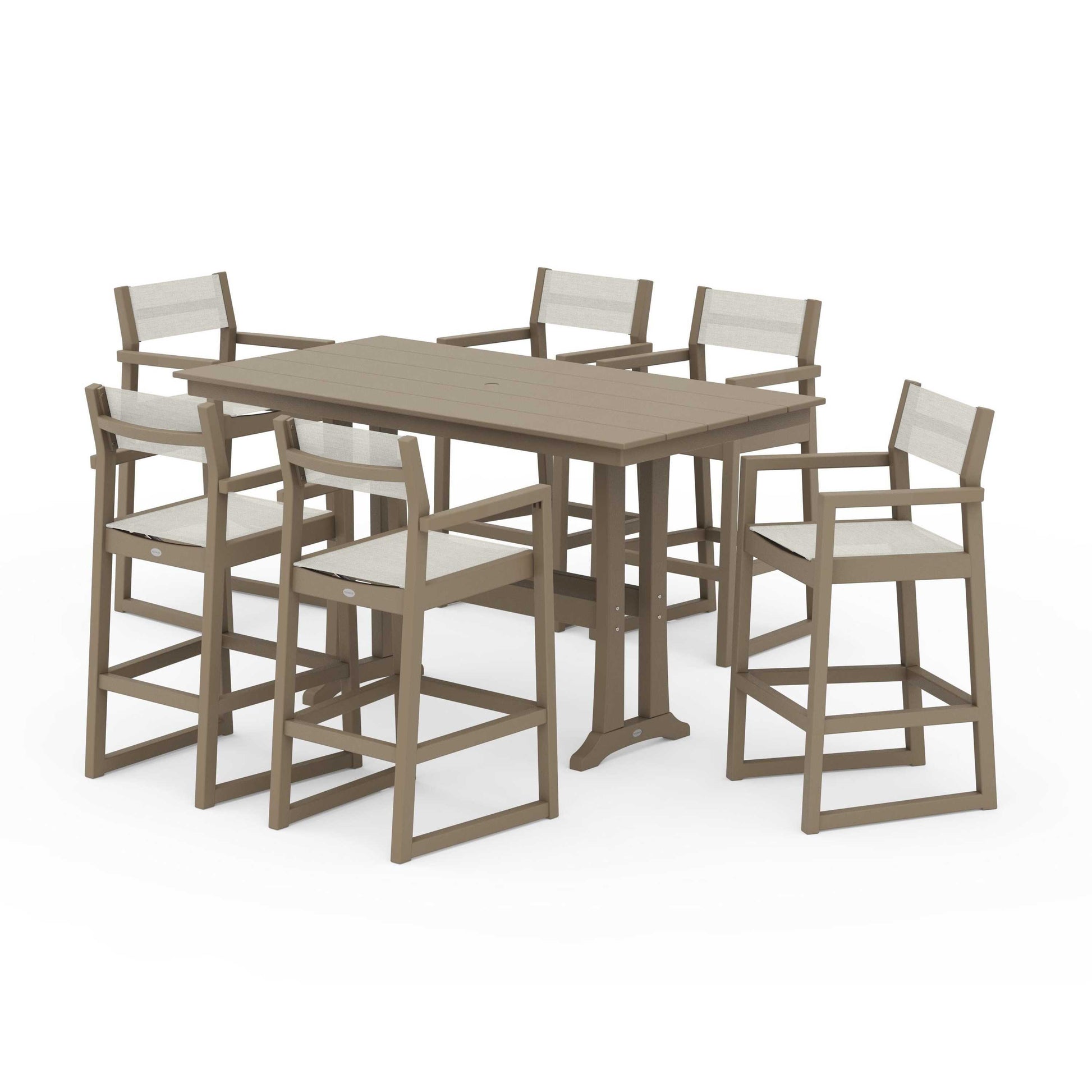 POLYWOOD EDGE Sling Arm Chair 7-Piece Farmhouse Bar Set with Trestle Legs — Vintage Sahara / Parchment Sling