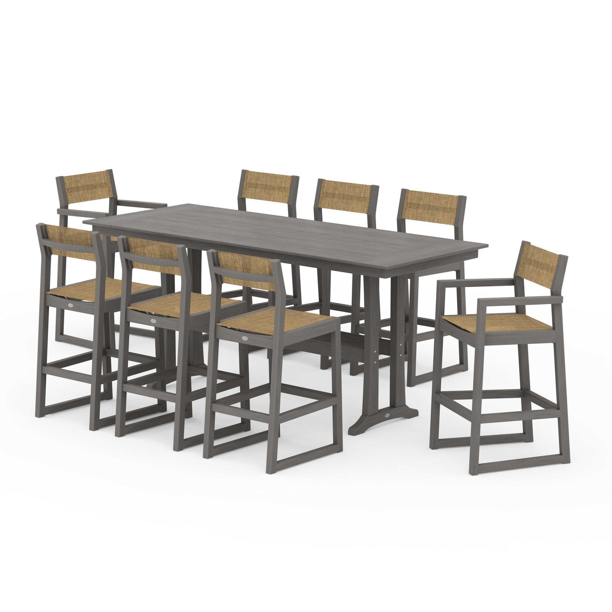 POLYWOOD EDGE Sling 9-Piece Farmhouse Bar Set with Trestle Legs — Driftwood / Burlap Sling