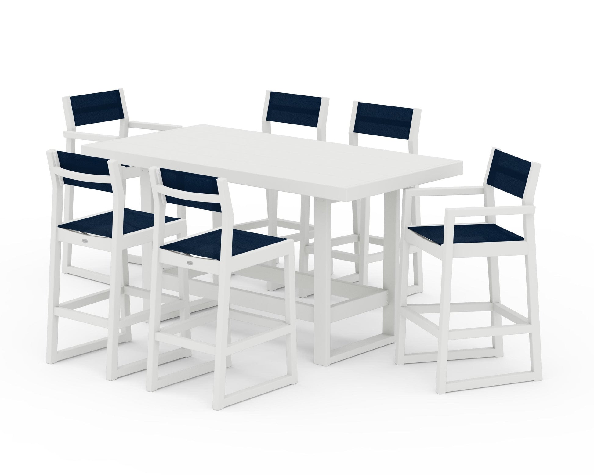 POLYWOOD EDGE Sling 7-Piece Bar Table Set — Vintage White / Navy Blue Sling