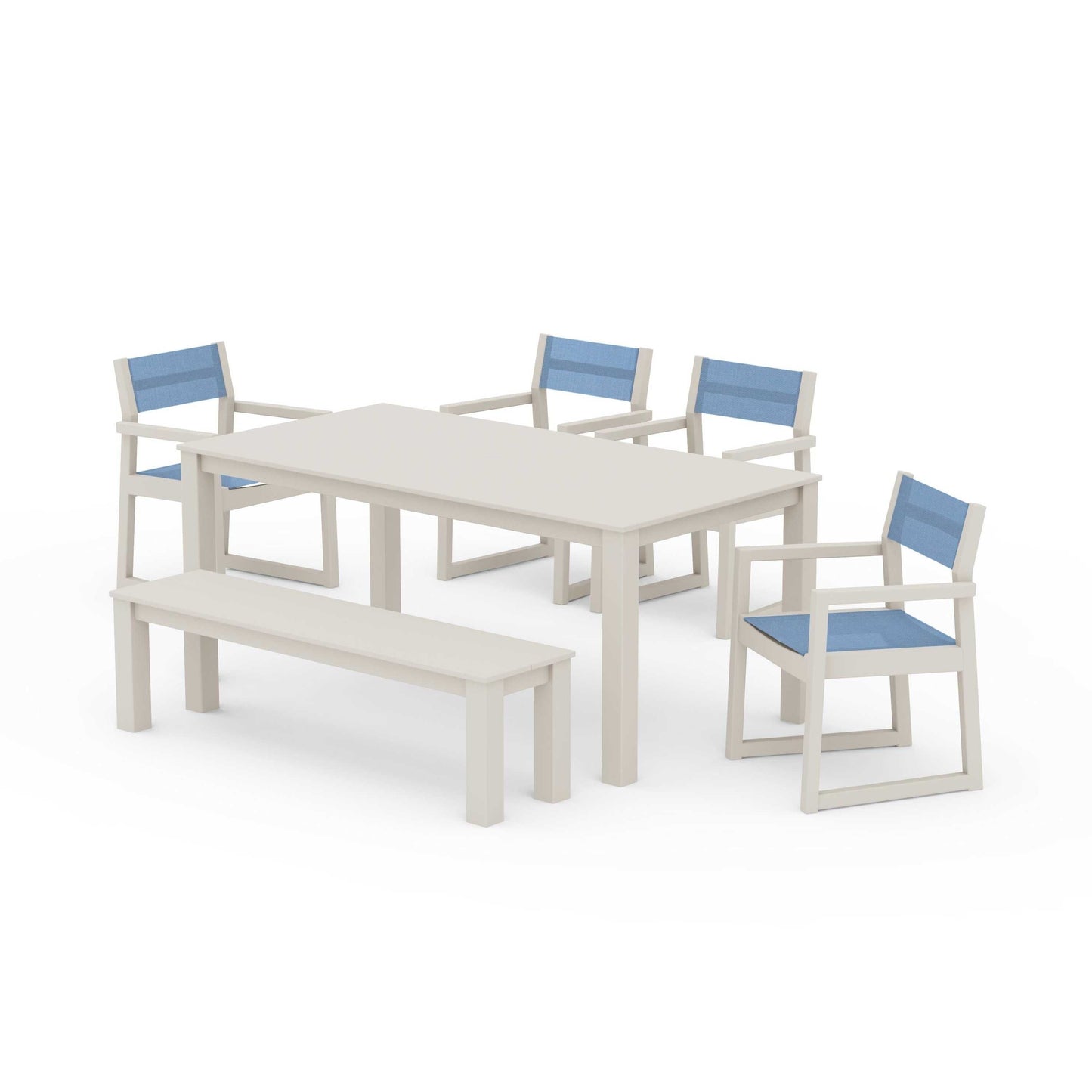 POLYWOOD EDGE Sling Arm Chair 6-Piece Parsons Dining Set with Bench — Sand / Poolside Sling