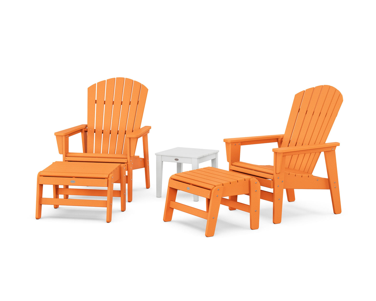 POLYWOOD 5-Piece Nautical Grand Upright Adirondack Set with Ottomans and Side Table — Tangerine / White