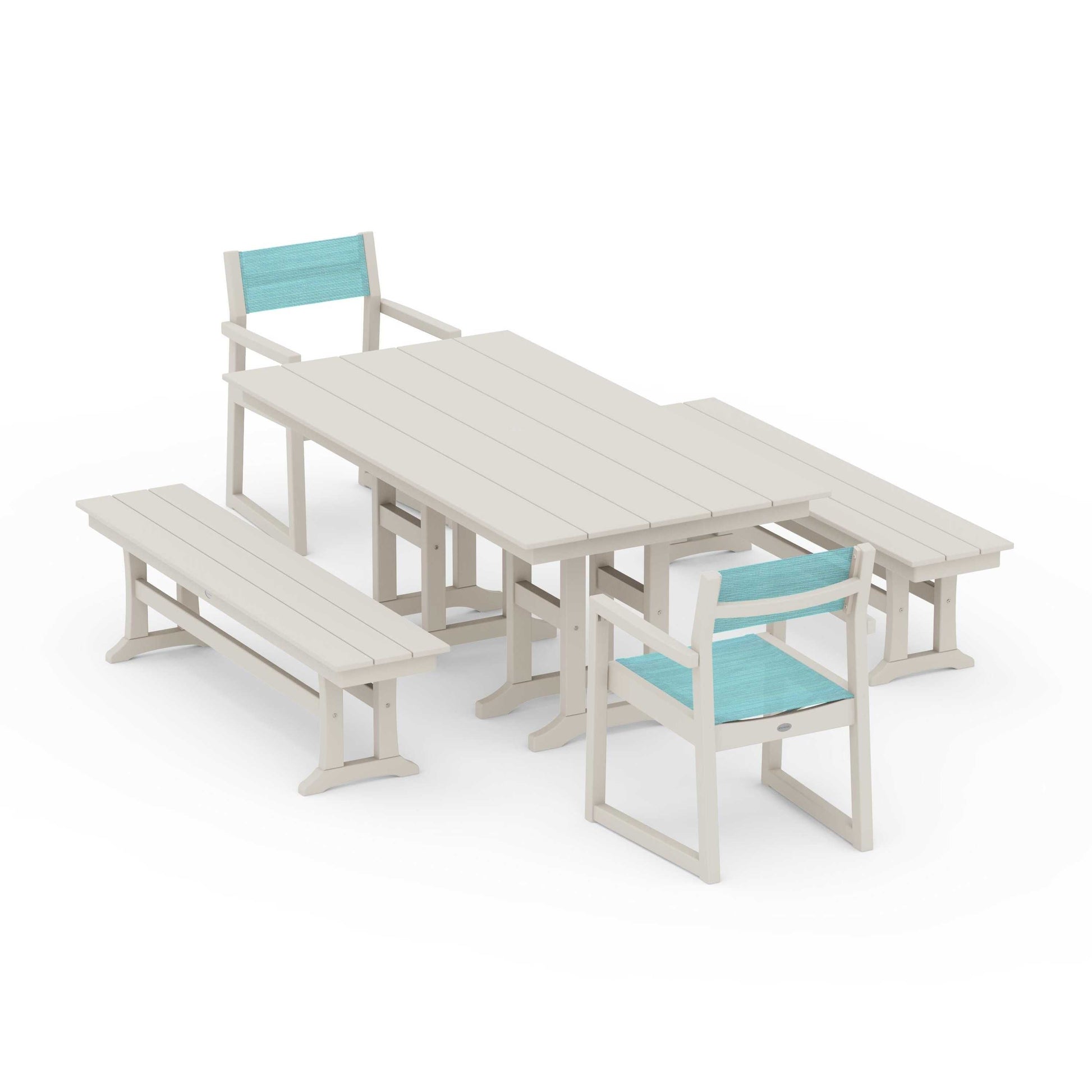 POLYWOOD EDGE Sling Arm Chair 5-Piece Farmhouse Dining Set with Benches — Sand / Dupioni Aquamarine Sling