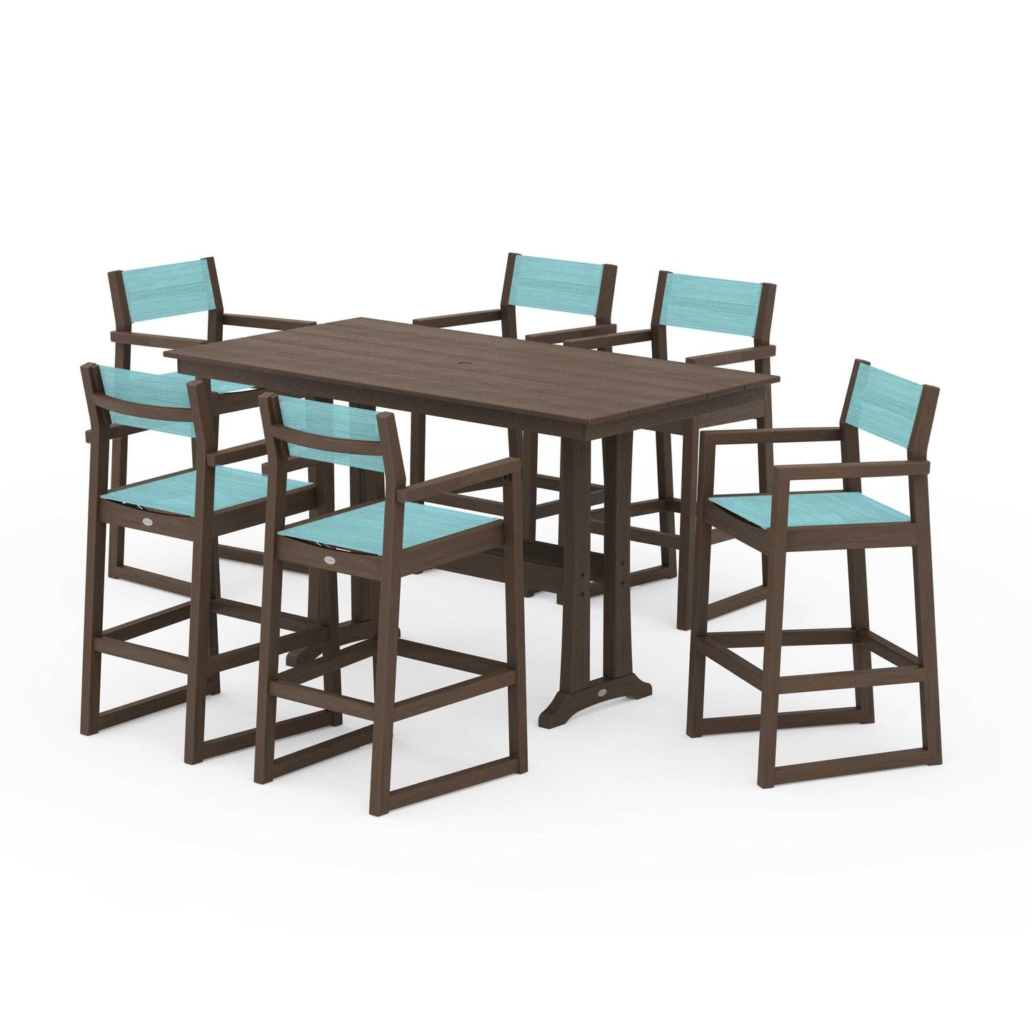 POLYWOOD EDGE Sling Arm Chair 7-Piece Farmhouse Bar Set with Trestle Legs — Kona / Dupioni Aquamarine Sling
