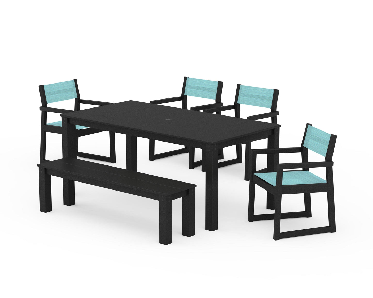 POLYWOOD EDGE Sling Arm Chair 6-Piece Parsons Dining Set with Bench — Black / Dupioni Aquamarine Sling