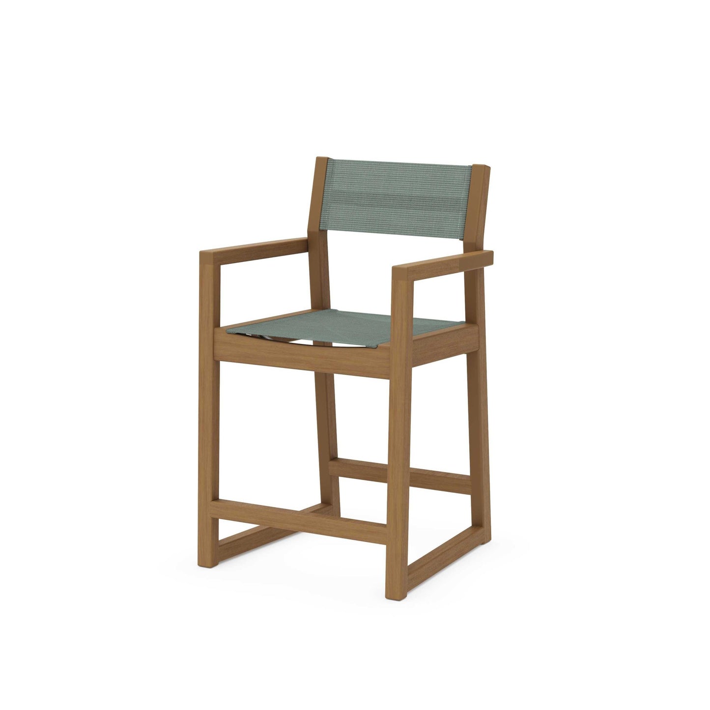 POLYWOOD EDGE Sling Counter Arm Chair — Natural / Dupioni Sea Mist Sling