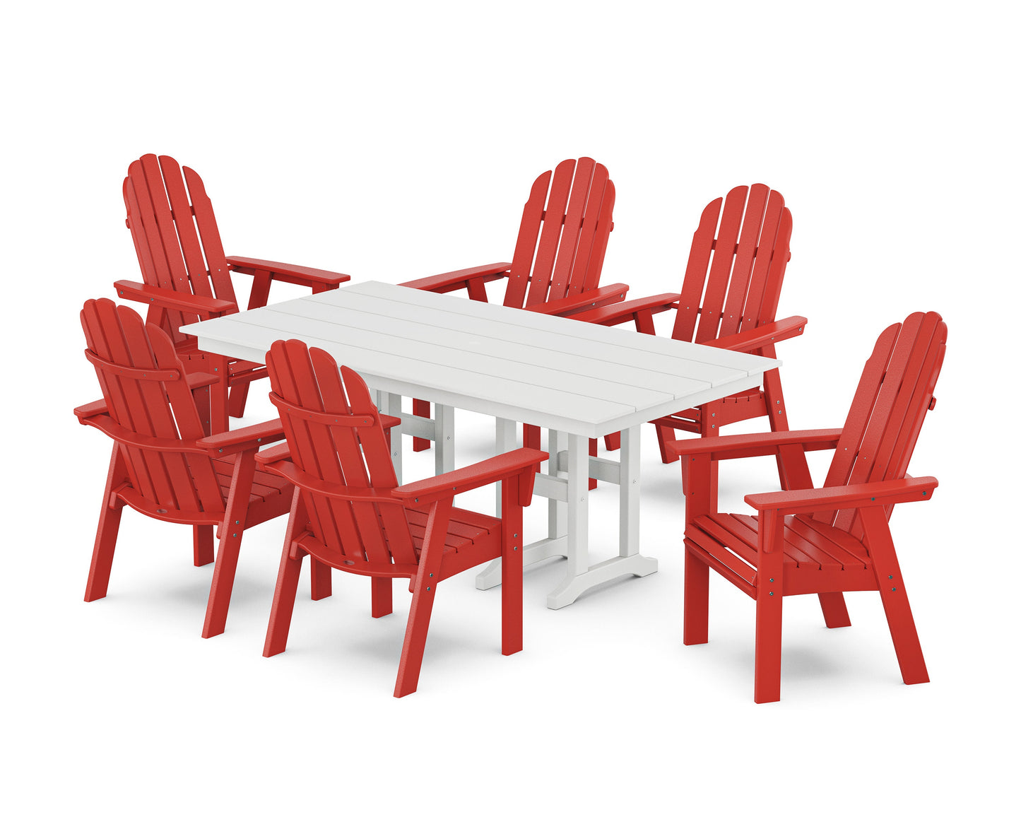 POLYWOOD Vineyard Curveback Adirondack Chair 7-Piece Farmhouse Dining Set — Sunset Red / White