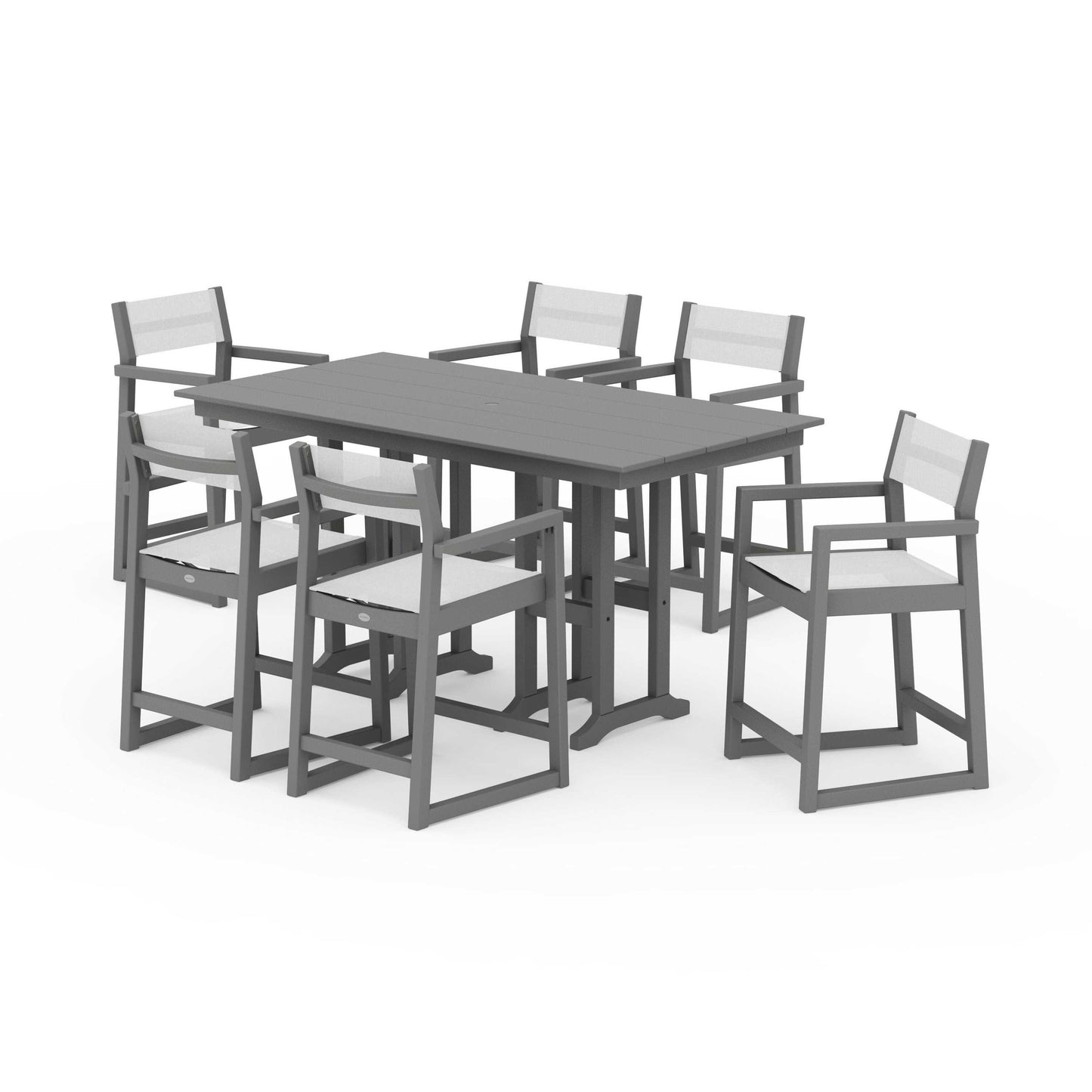 POLYWOOD EDGE Sling Arm Chair 7-Piece Farmhouse Counter Set — Slate Grey / White Sling