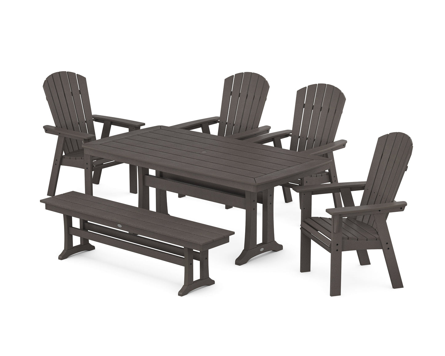 POLYWOOD Nautical Curveback Adirondack 6-Piece Dining Set with Trestle Legs and Bench — Vintage Coffee