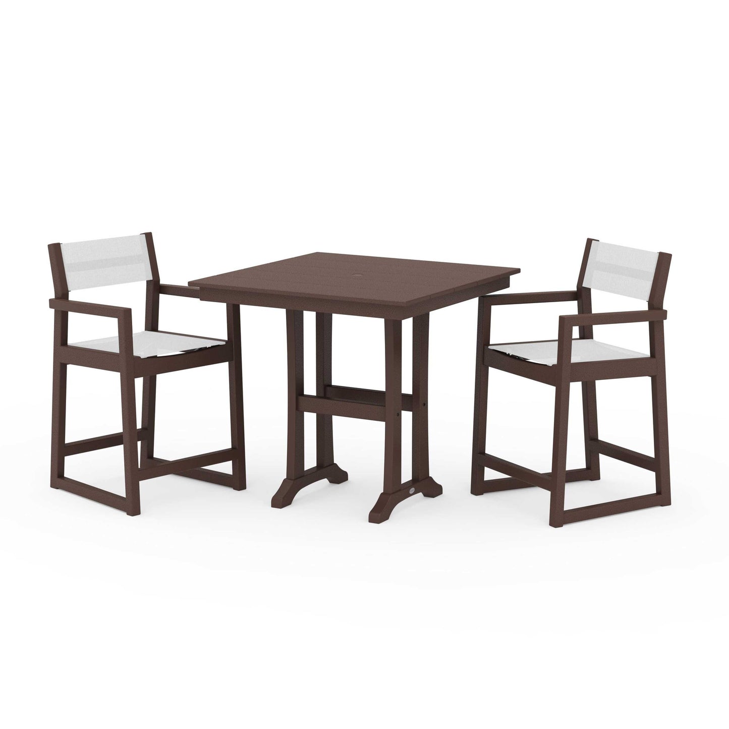 POLYWOOD EDGE Sling Arm Chair 3-Piece Farmhouse Counter Set with Trestle Legs — Mahogany / White Sling