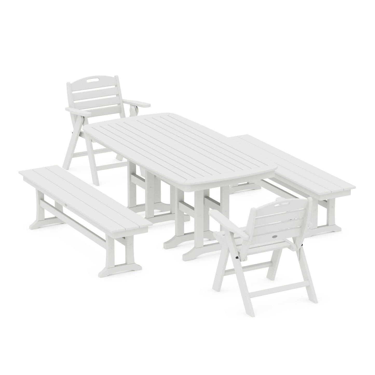 POLYWOOD Nautical Lowback 5-Piece Dining Set with Benches — Vintage White