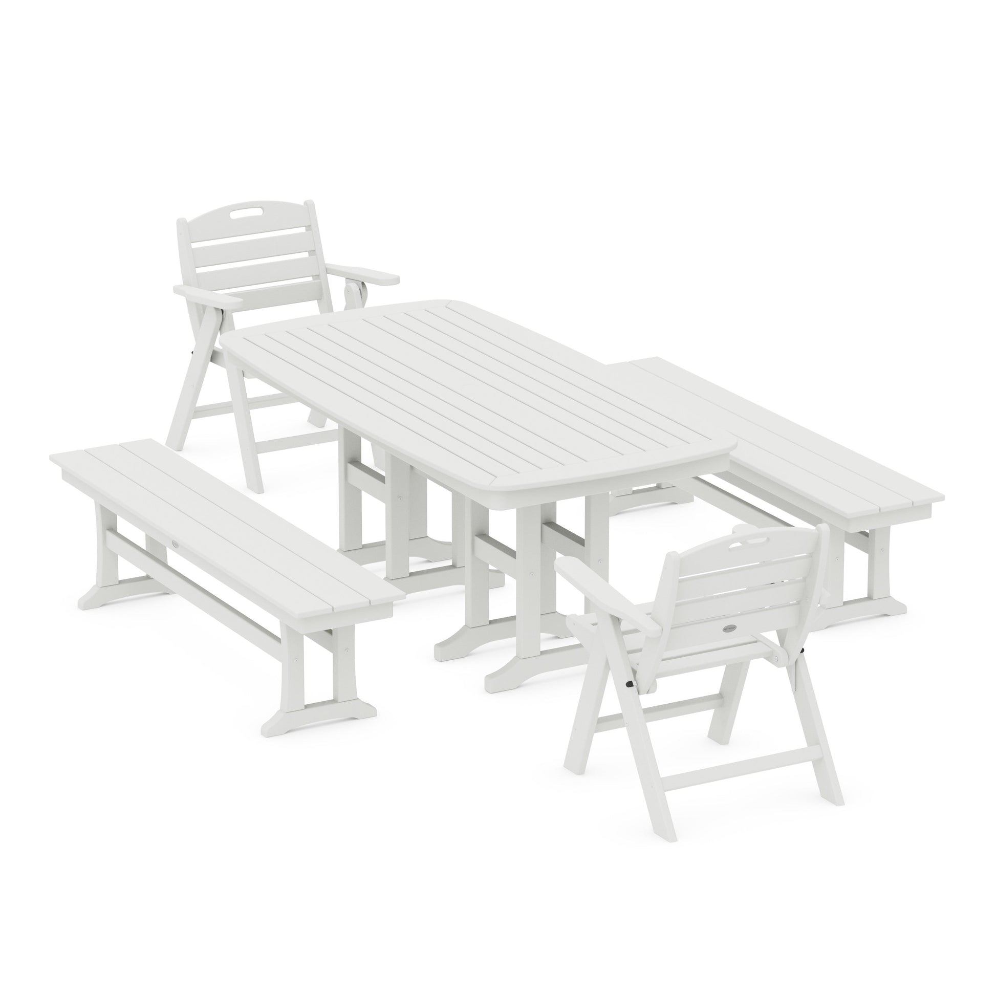 POLYWOOD Nautical Lowback 5-Piece Dining Set with Benches — Vintage White