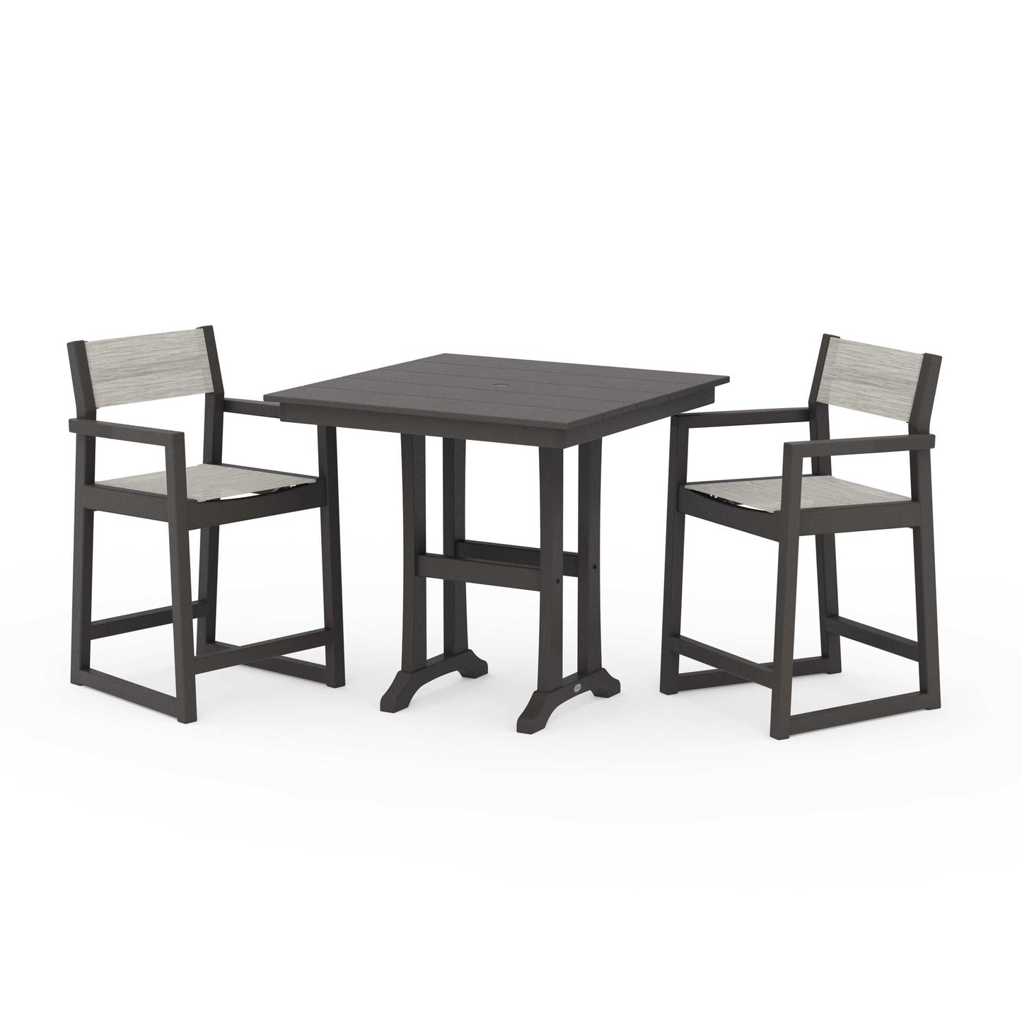 POLYWOOD EDGE Sling Arm Chair 3-Piece Farmhouse Counter Set with Trestle Legs — Vintage Coffee / Birch Sling