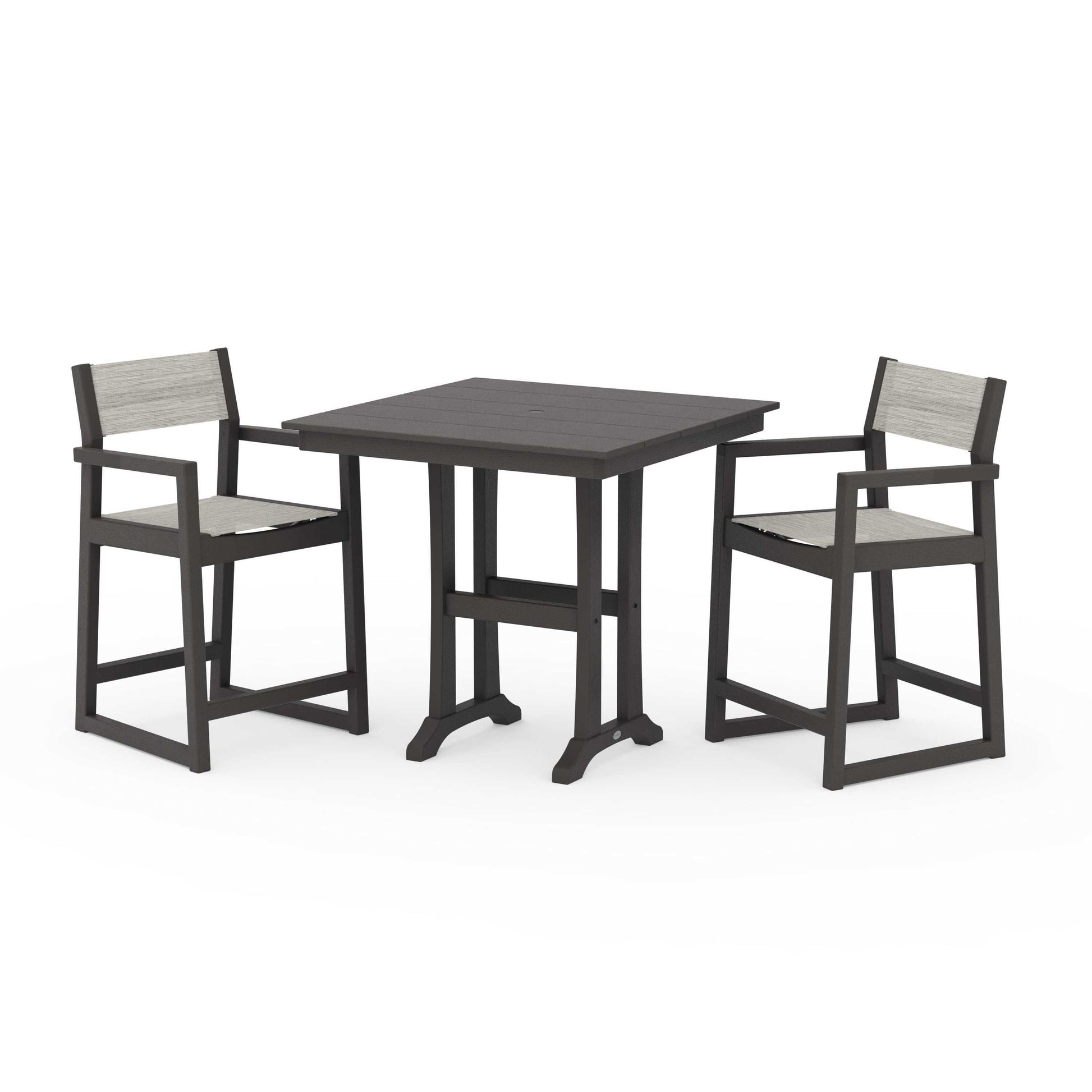 POLYWOOD EDGE Sling Arm Chair 3-Piece Farmhouse Counter Set with Trestle Legs — Vintage Coffee / Birch Sling