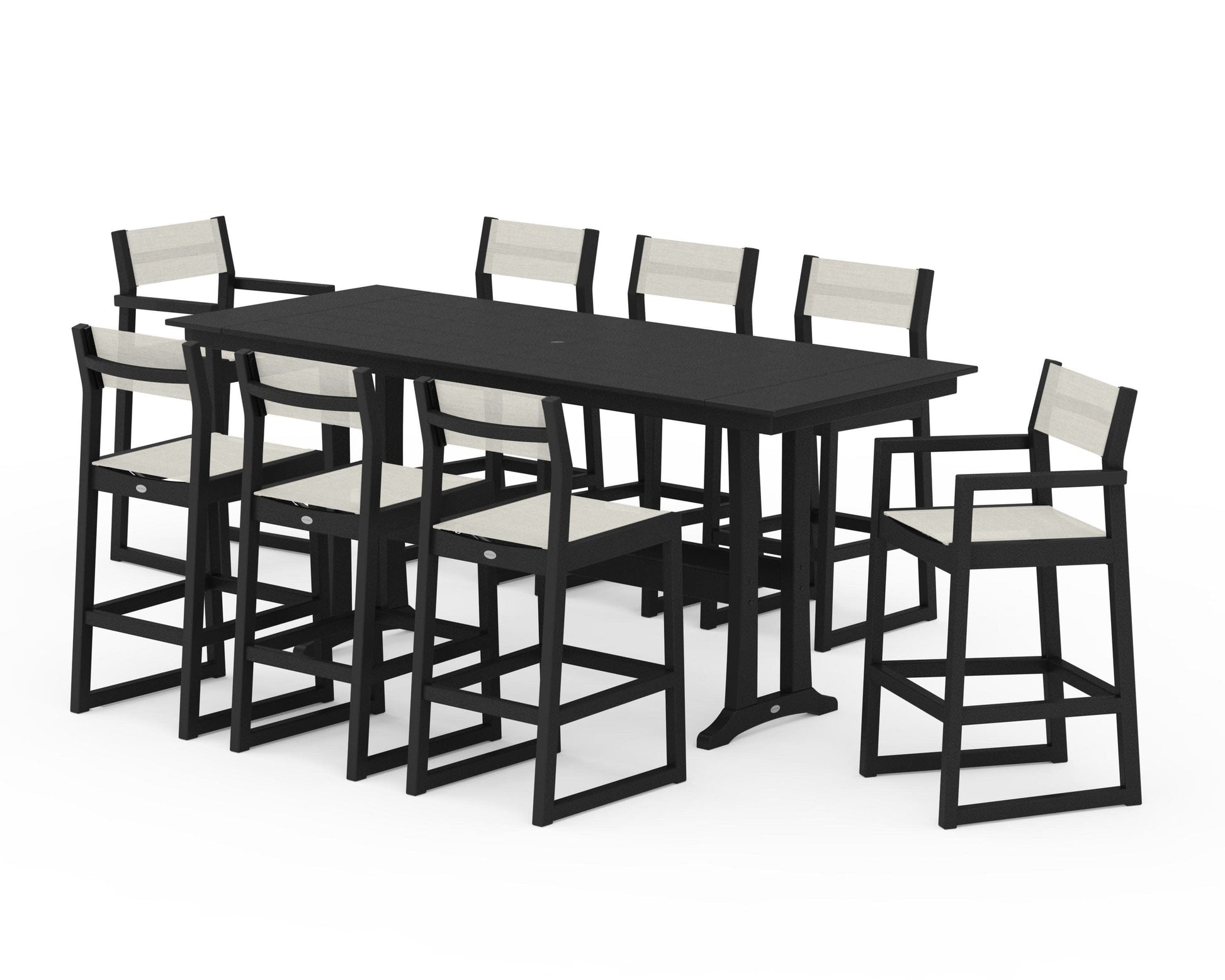 POLYWOOD EDGE Sling 9-Piece Farmhouse Bar Set with Trestle Legs — Black / Parchment Sling