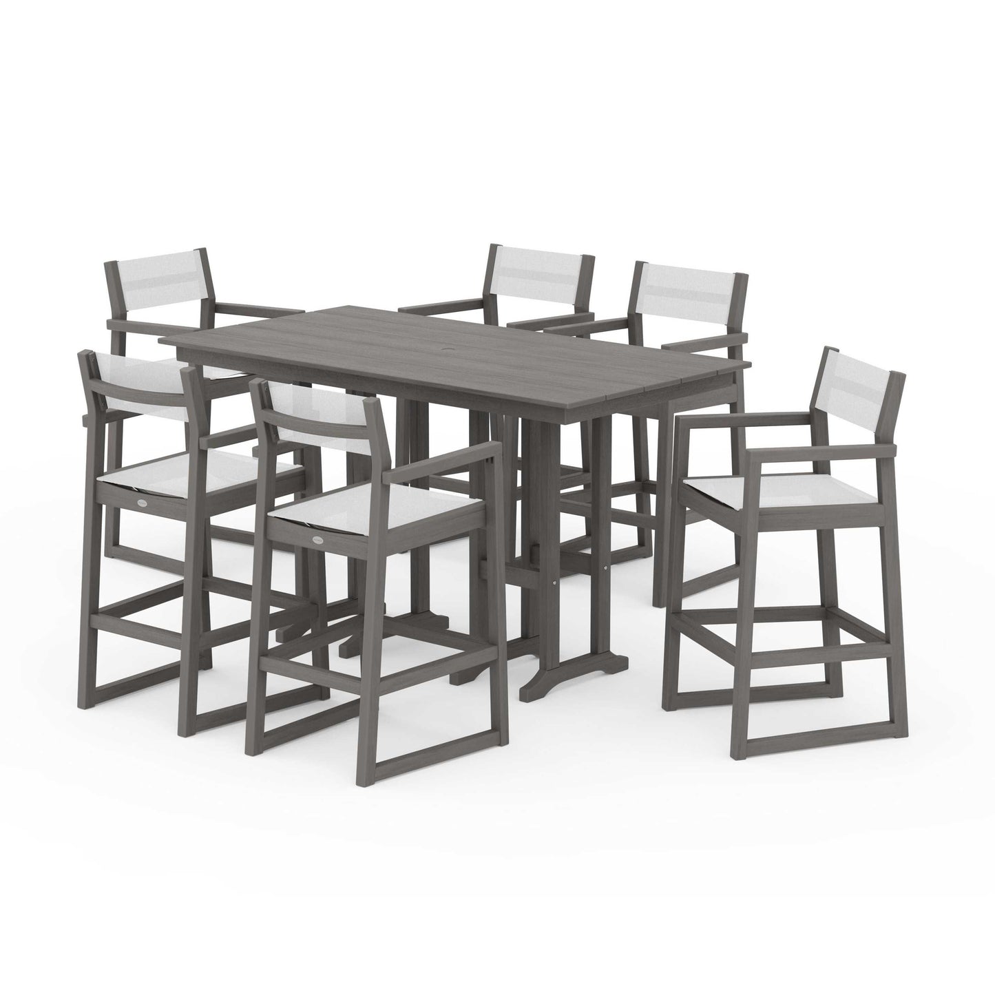 POLYWOOD EDGE Sling Arm Chair 7-Piece Farmhouse Bar Set — Driftwood / White Sling