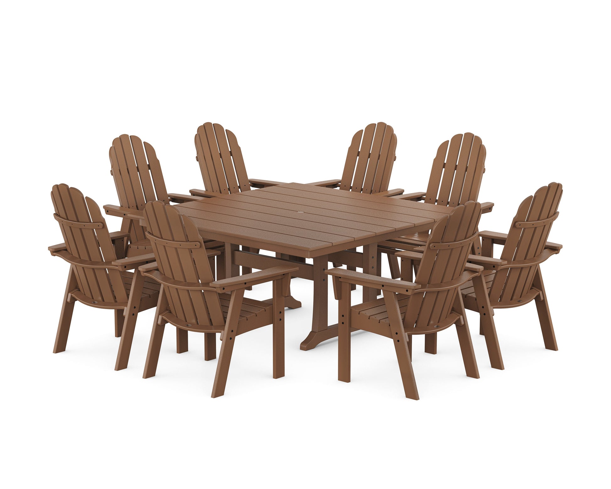 POLYWOOD Vineyard Curveback Adirondack 9-Piece Square Farmhouse Dining Set with Trestle Legs — Teak