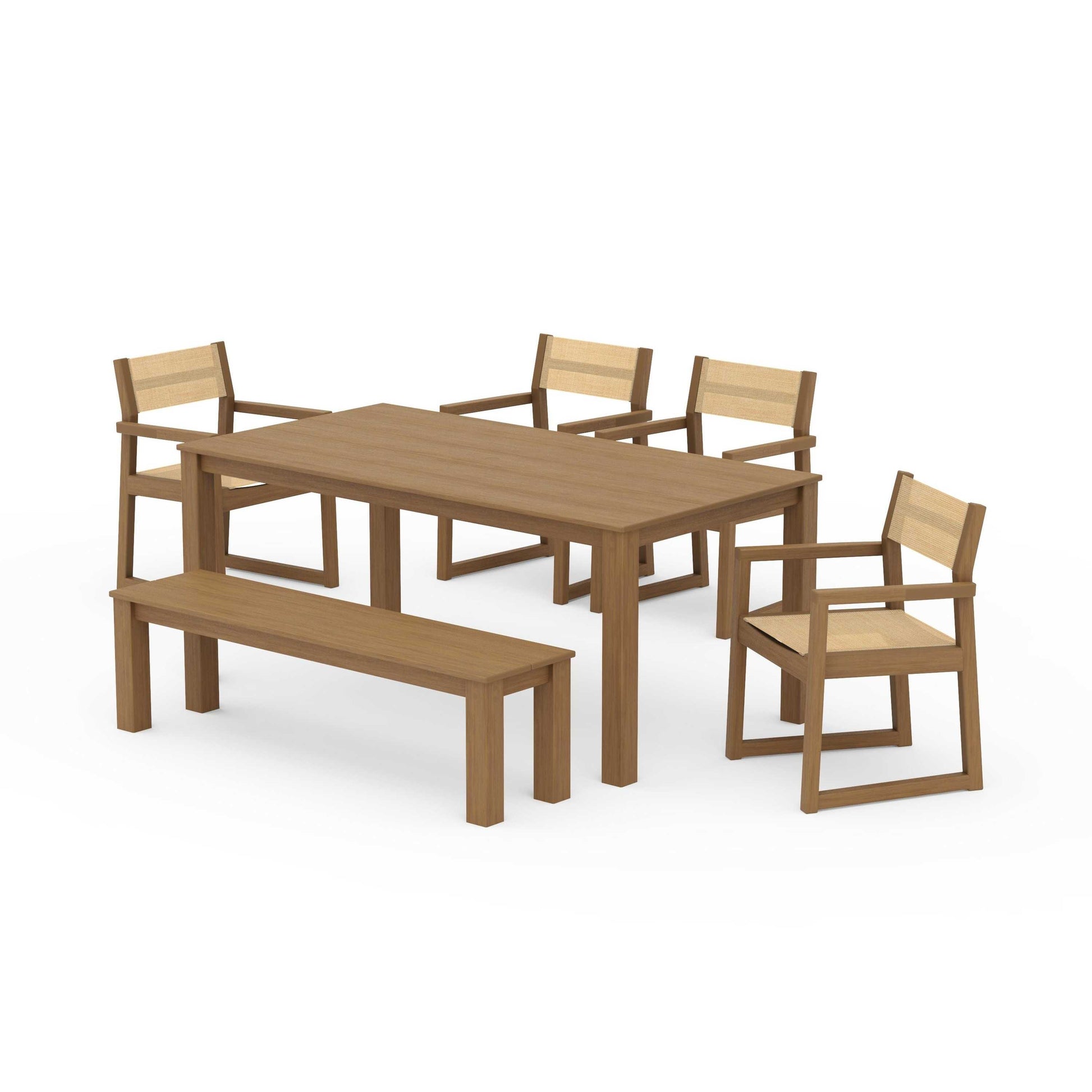 POLYWOOD EDGE Sling Arm Chair 6-Piece Parsons Dining Set with Bench — Natural / Dupioni Apricot Sling
