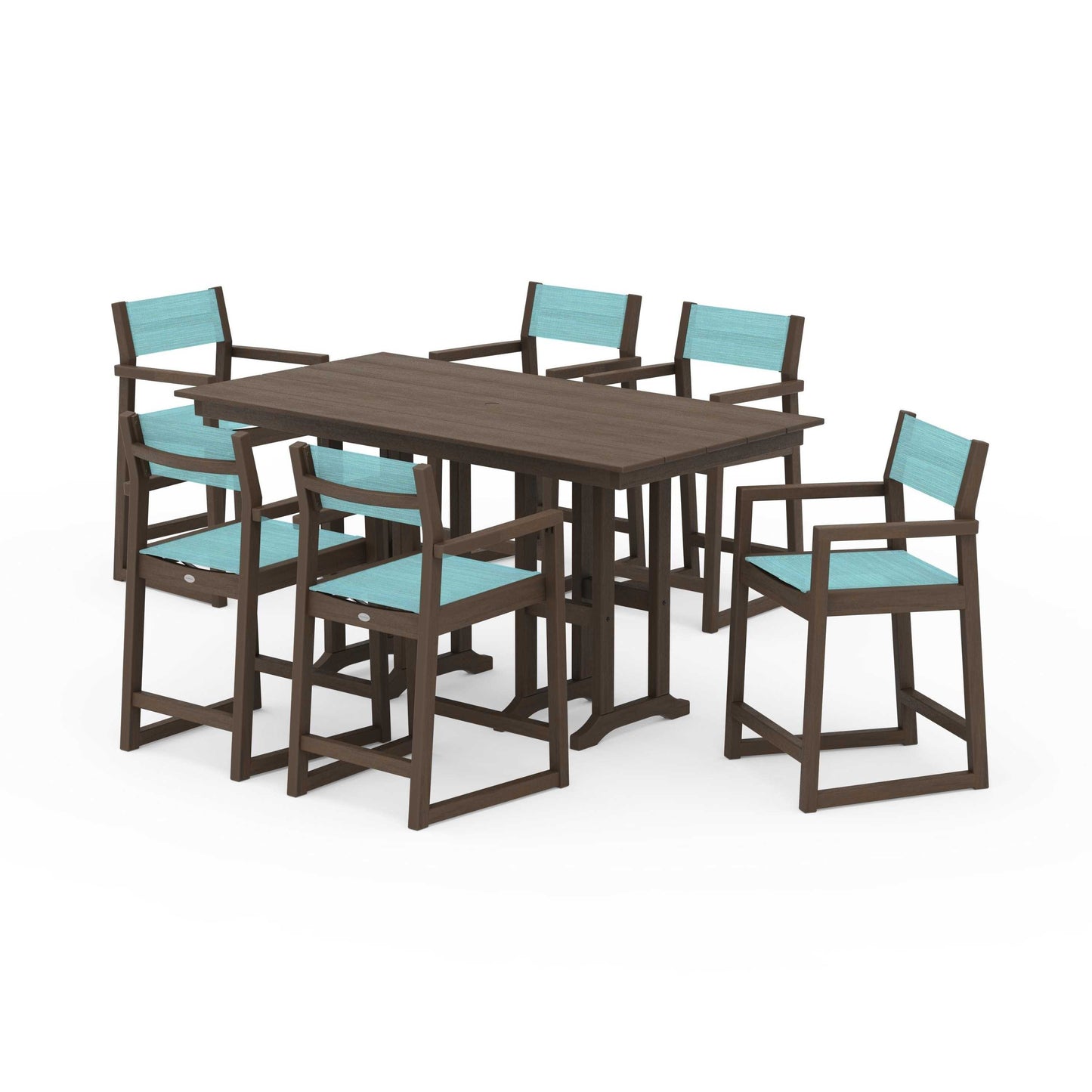 POLYWOOD EDGE Sling Arm Chair 7-Piece Farmhouse Counter Set — Kona / Dupioni Aquamarine Sling