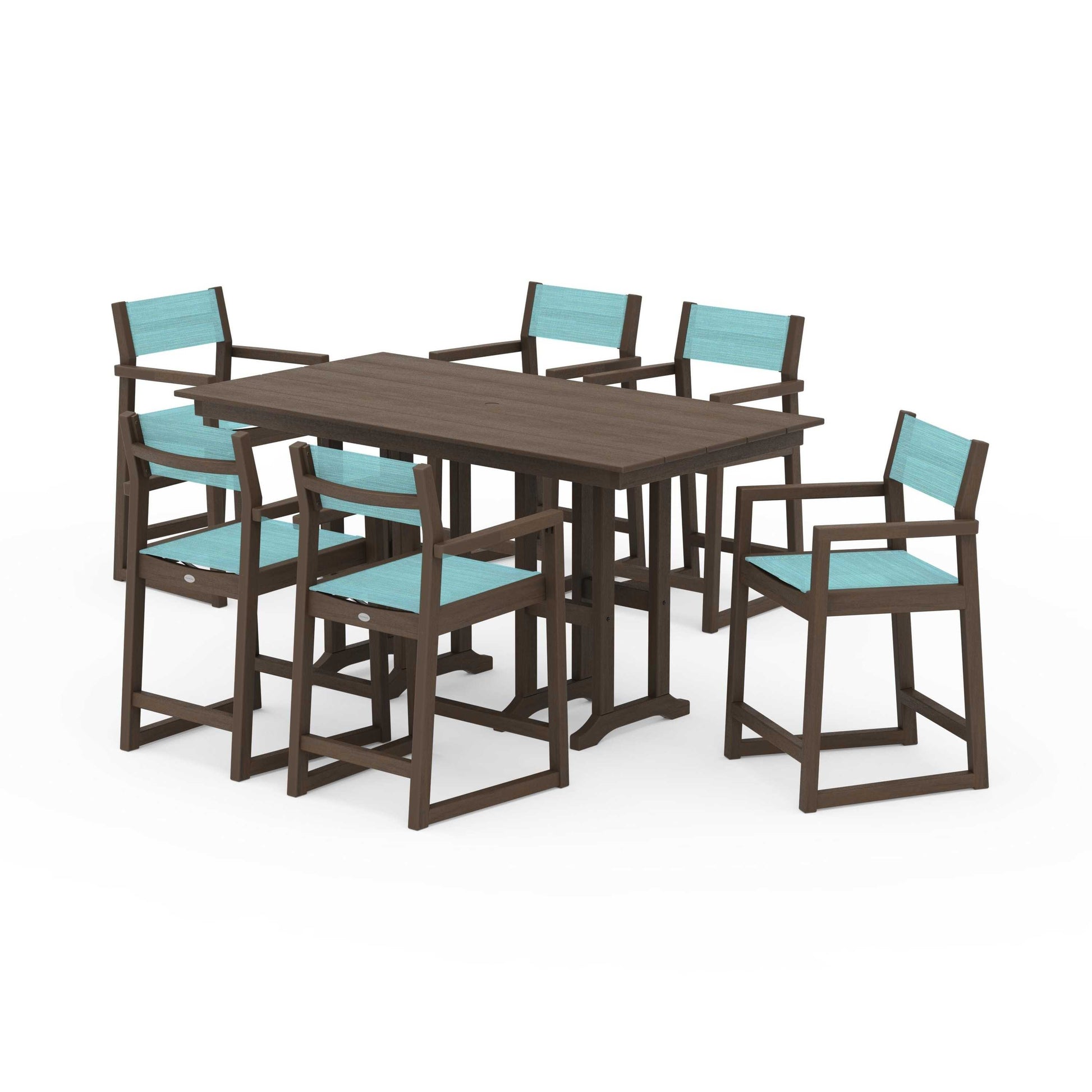 POLYWOOD EDGE Sling Arm Chair 7-Piece Farmhouse Counter Set — Kona / Dupioni Aquamarine Sling
