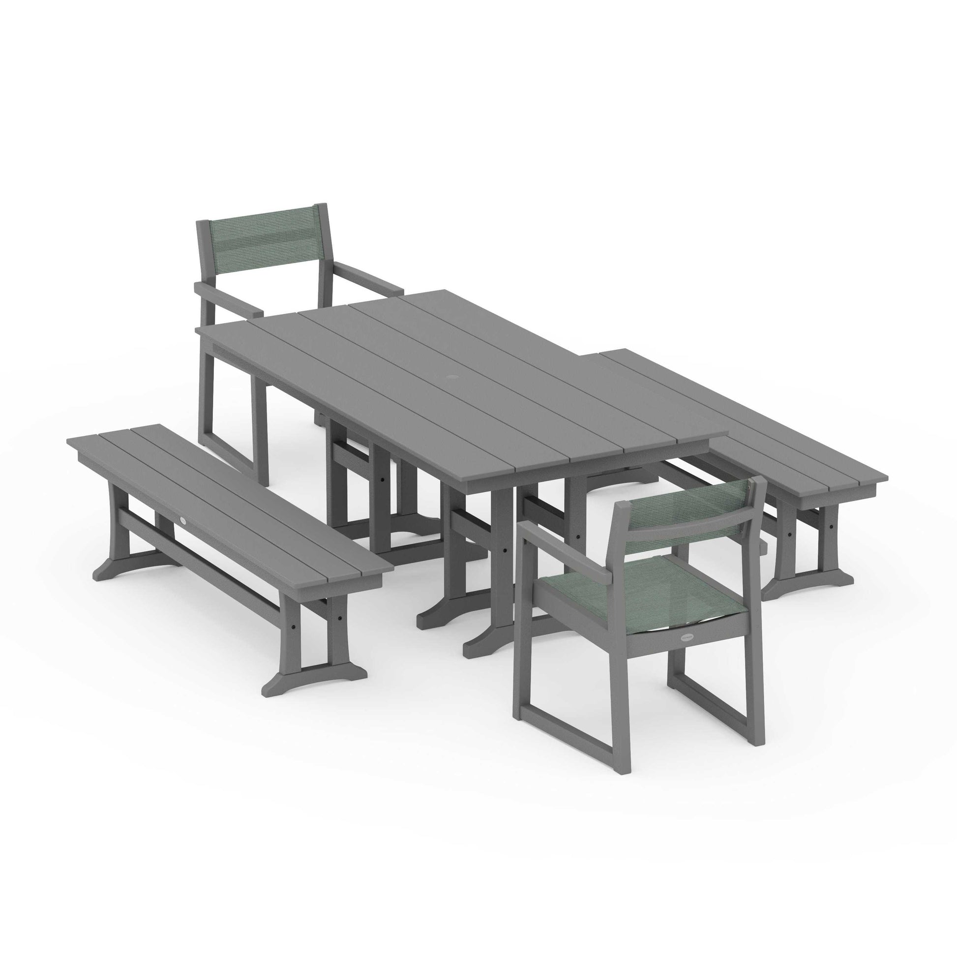 POLYWOOD EDGE Sling Arm Chair 5-Piece Farmhouse Dining Set with Benches — Slate Grey / Dupioni Sea Mist Sling