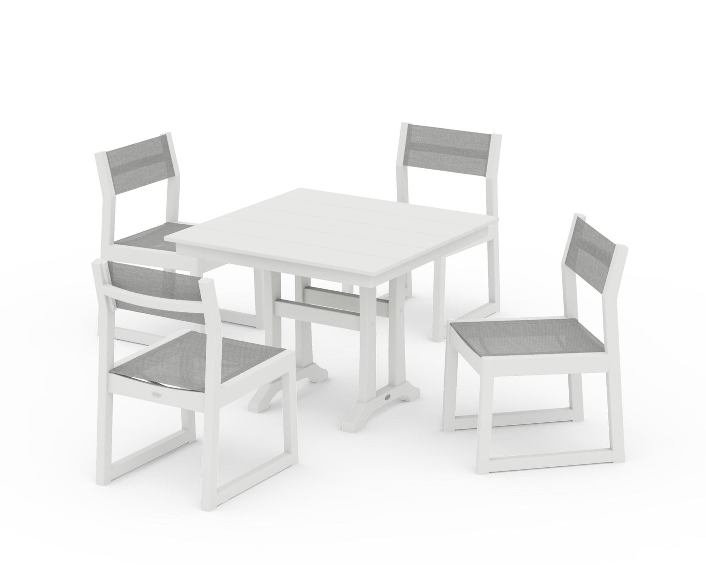 POLYWOOD EDGE Sling 5-Piece Farmhouse Trestle Side Chair Dining Set — Vintage White / Metallic Sling