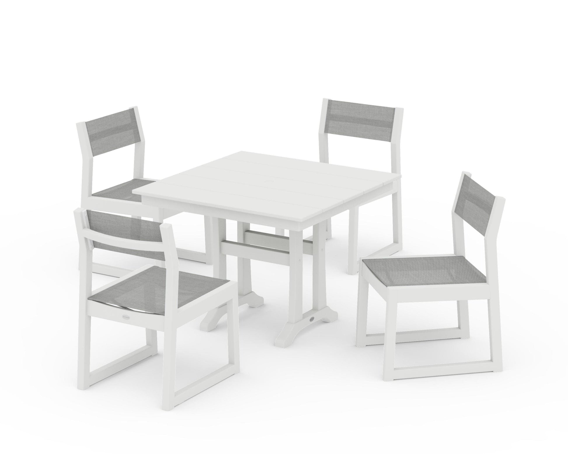 POLYWOOD EDGE Sling 5-Piece Farmhouse Trestle Side Chair Dining Set — Vintage White / Metallic Sling