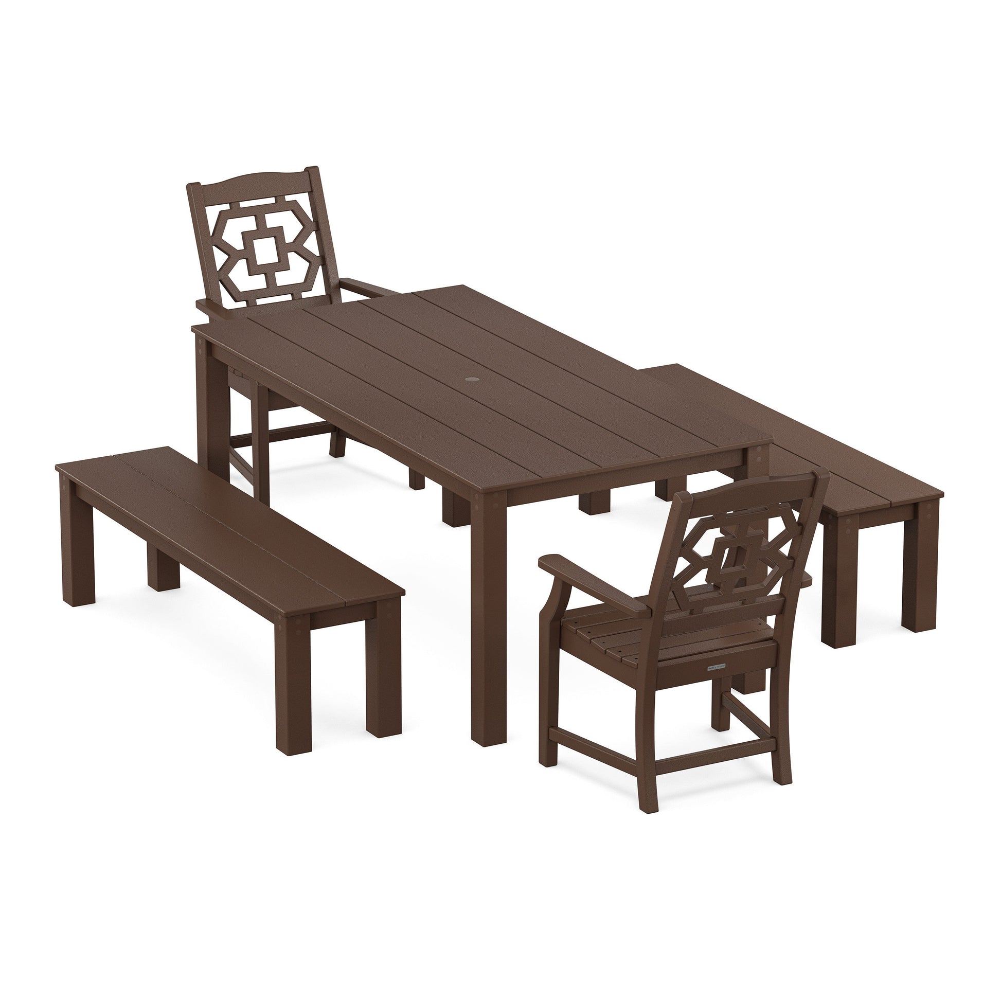 POLYWOOD Chinoiserie 5-Piece Parsons Dining Set with Benches — Mahogany