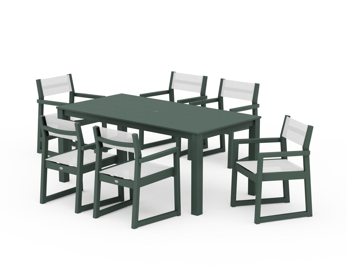 POLYWOOD EDGE Sling Arm Chair 7-Piece Parsons Dining Set — Green / White Sling