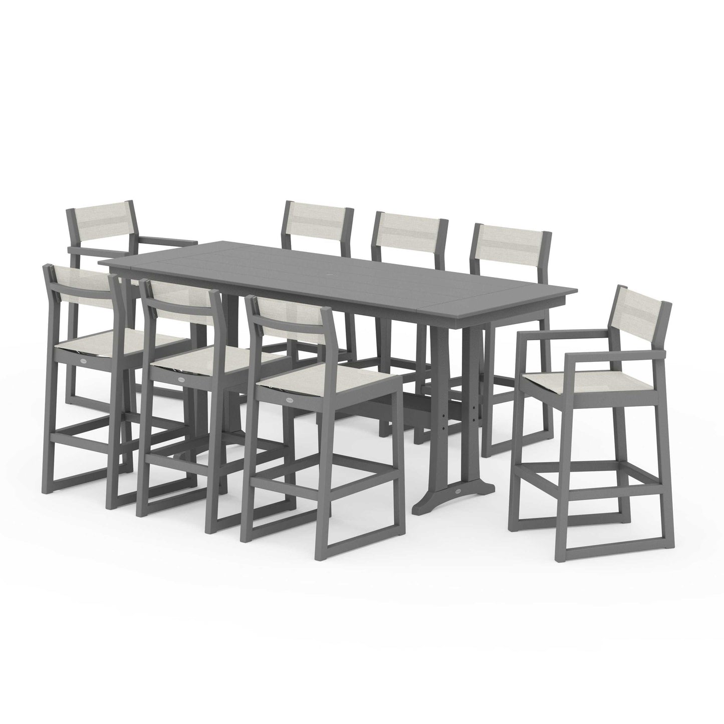 POLYWOOD EDGE Sling 9-Piece Farmhouse Bar Set with Trestle Legs — Slate Grey / Parchment Sling