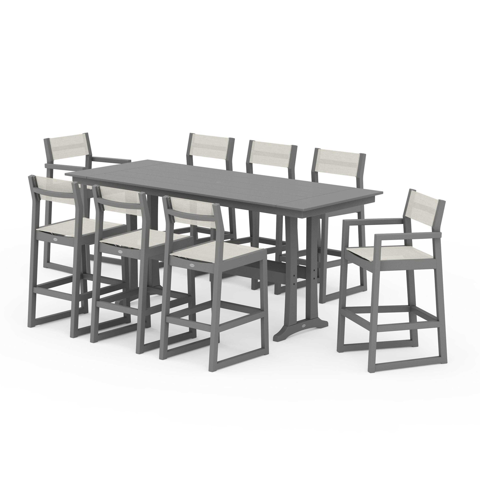 POLYWOOD EDGE Sling 9-Piece Farmhouse Bar Set with Trestle Legs — Slate Grey / Parchment Sling
