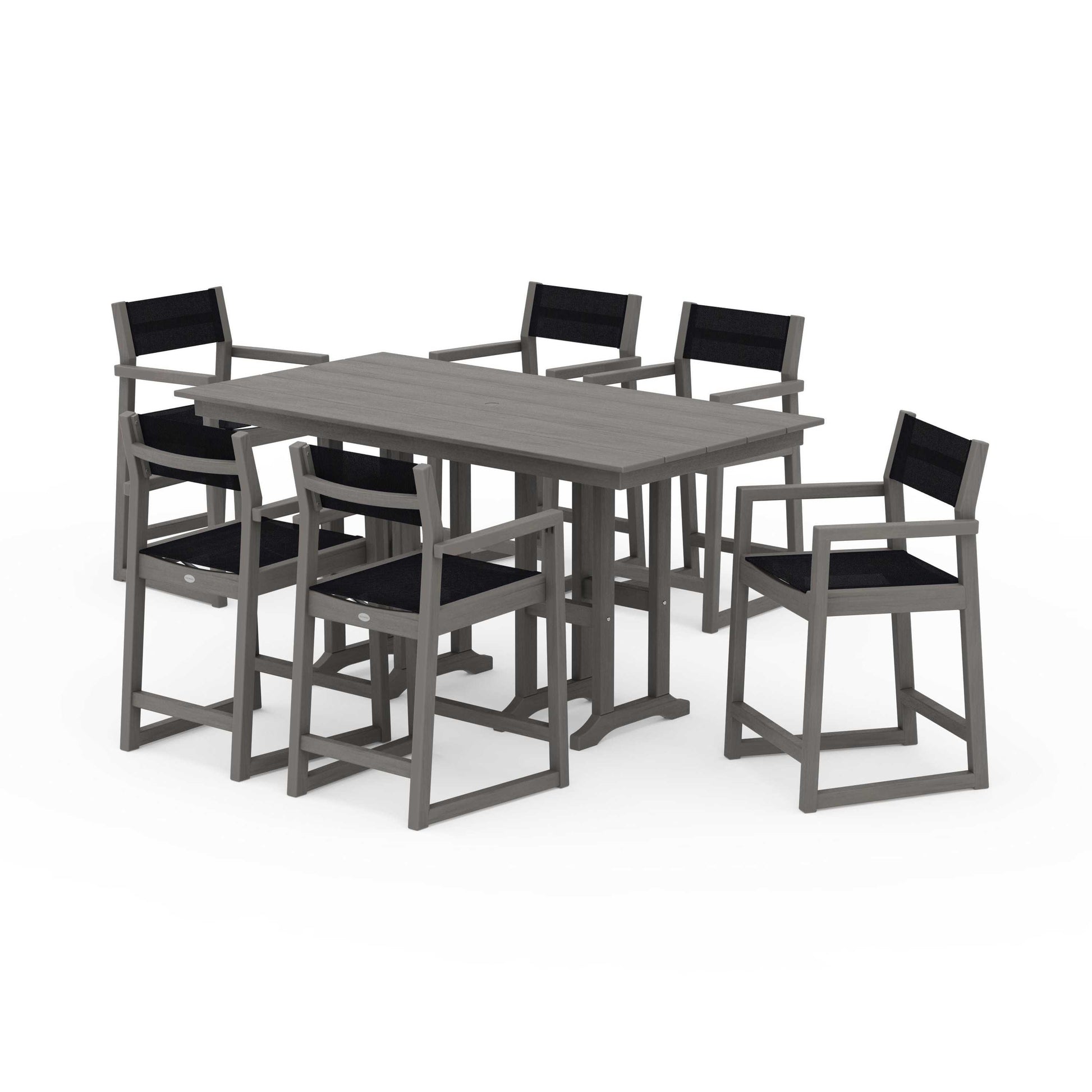 POLYWOOD EDGE Sling Arm Chair 7-Piece Farmhouse Counter Set — Driftwood / Black Sling