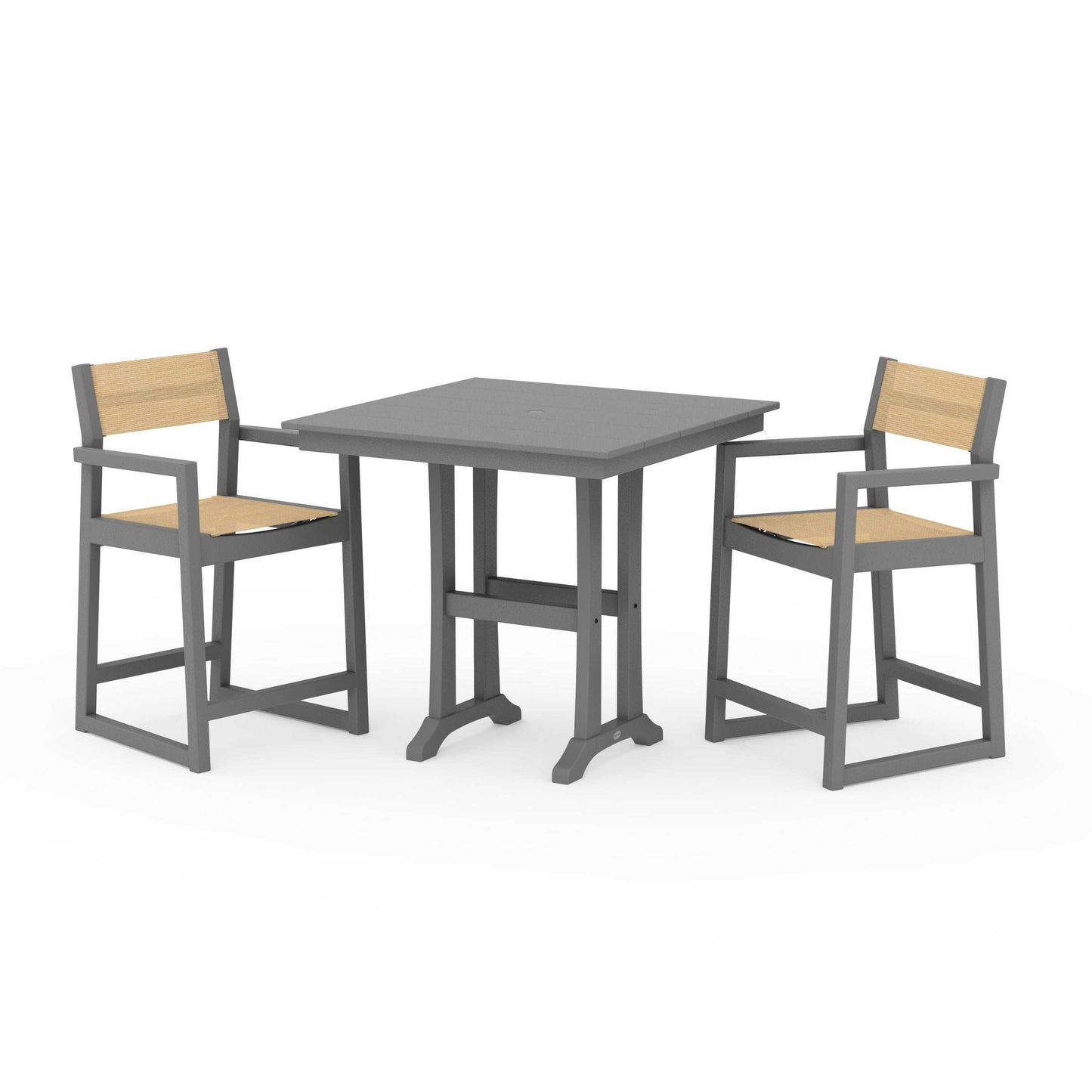 POLYWOOD EDGE Sling Arm Chair 3-Piece Farmhouse Counter Set with Trestle Legs — Slate Grey / Dupioni Apricot Sling