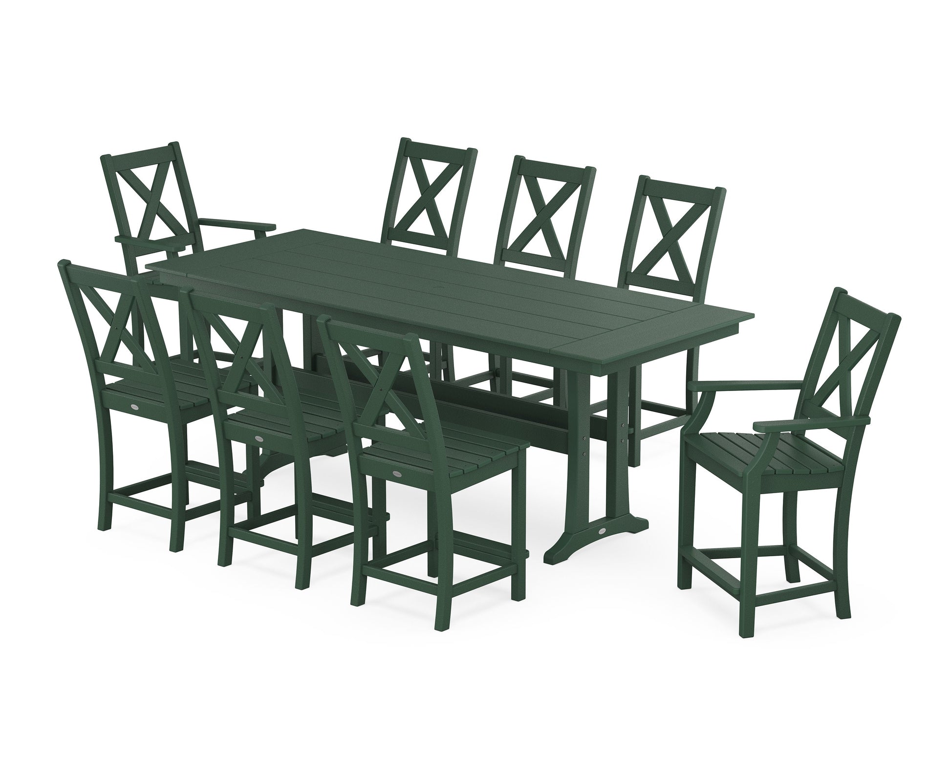 POLYWOOD Braxton 9-Piece Farmhouse Counter Set with Trestle Legs — Green