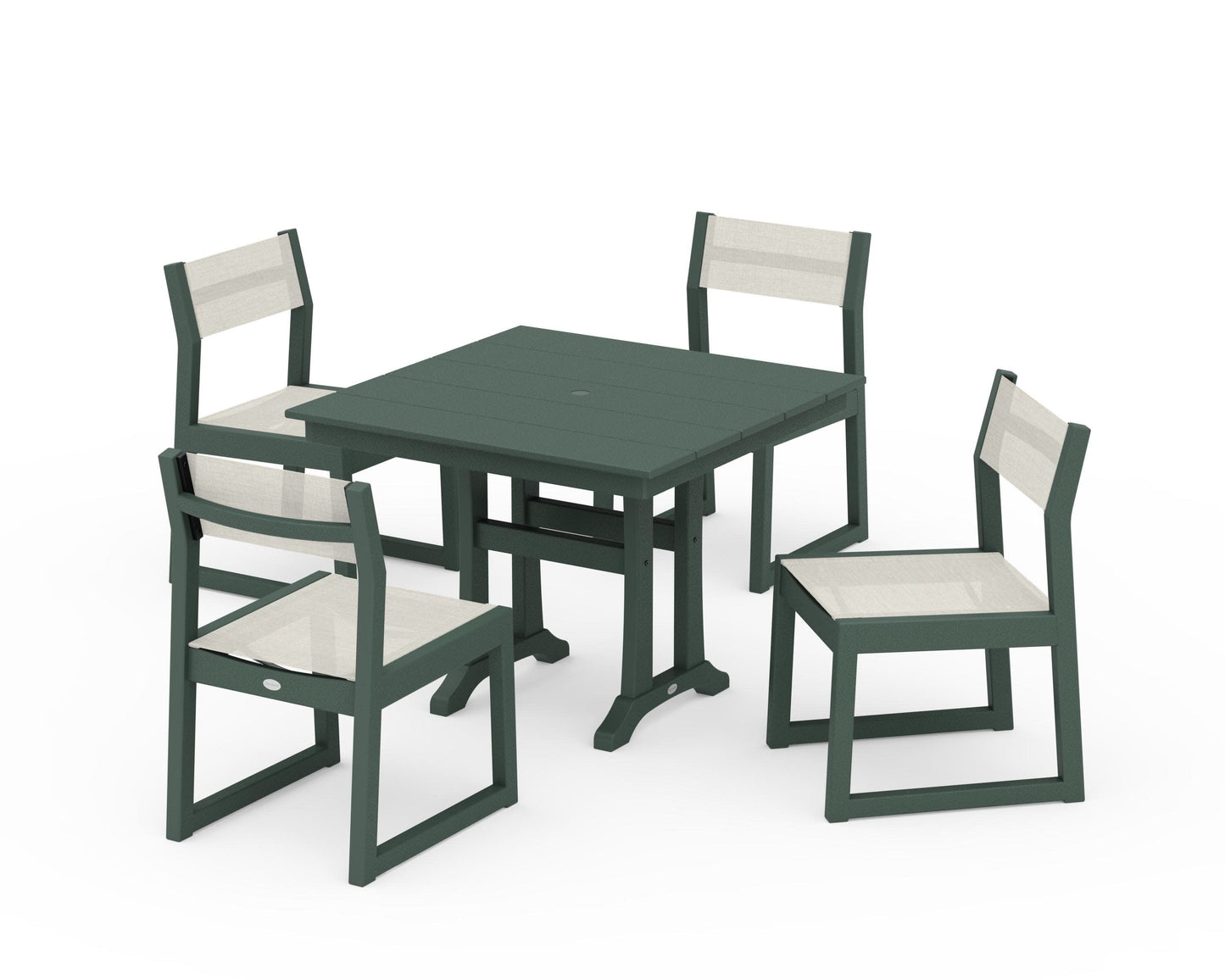 POLYWOOD EDGE Sling 5-Piece Farmhouse Trestle Side Chair Dining Set — Green / Parchment Sling