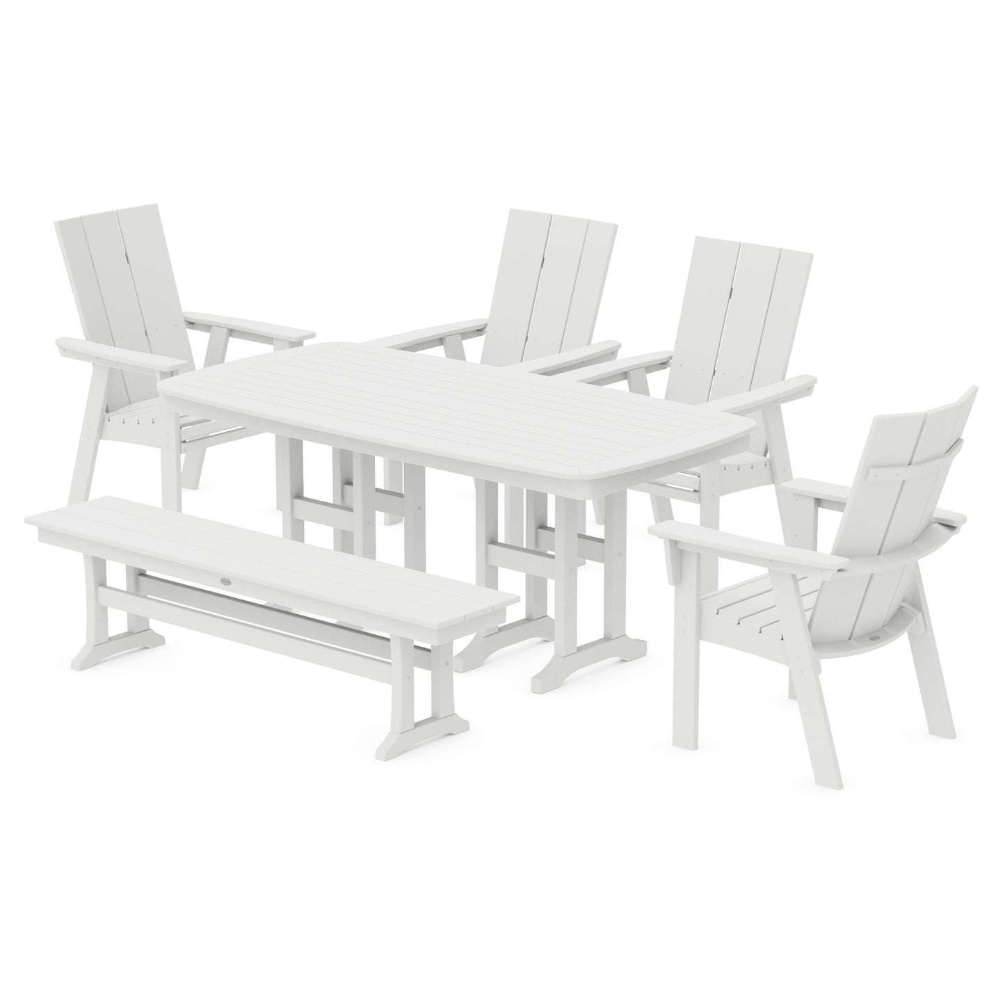 POLYWOOD Modern Curveback Adirondack 6-Piece Dining Set with Bench — White