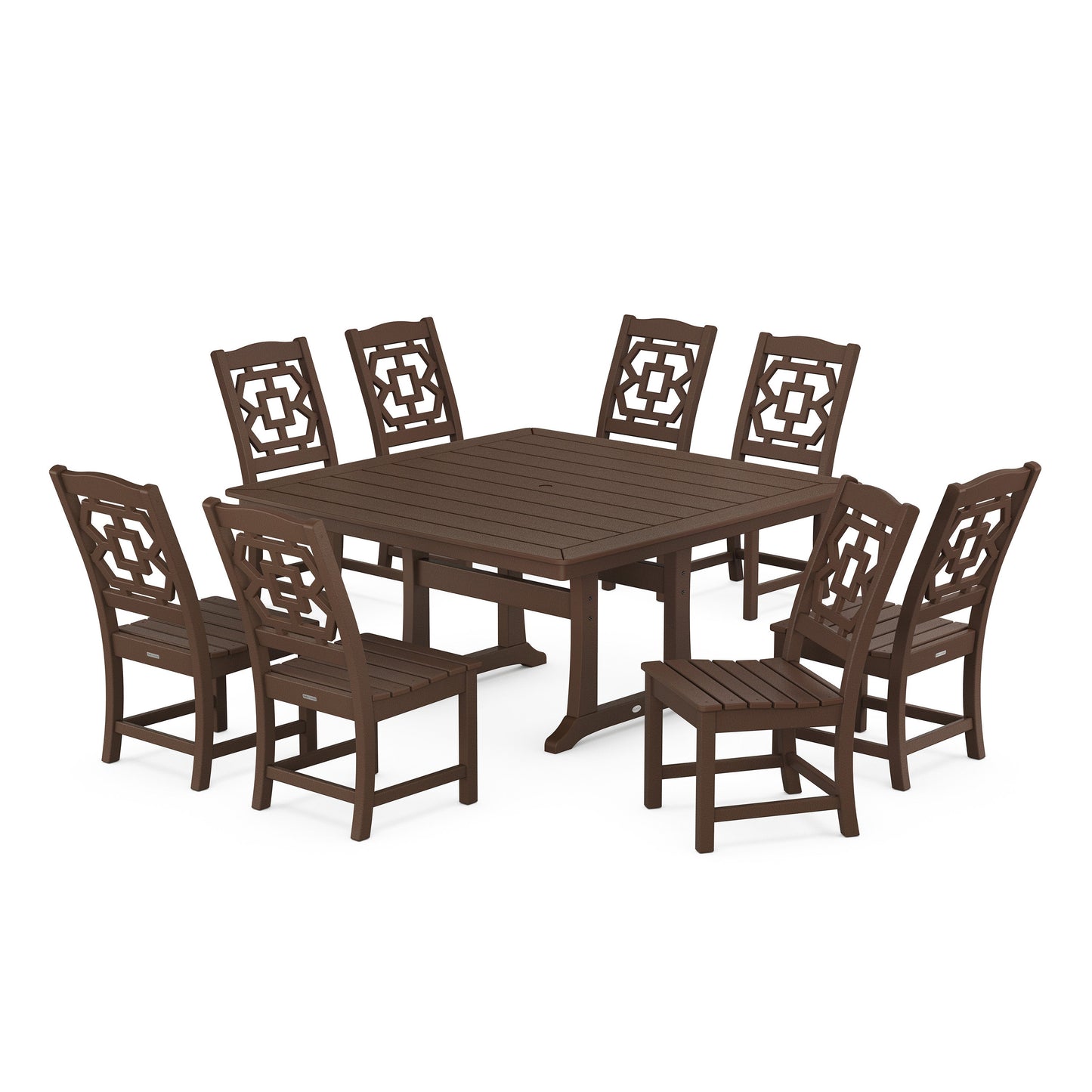POLYWOOD Chinoiserie 9-Piece Square Side Chair Dining Set with Trestle Legs — Mahogany