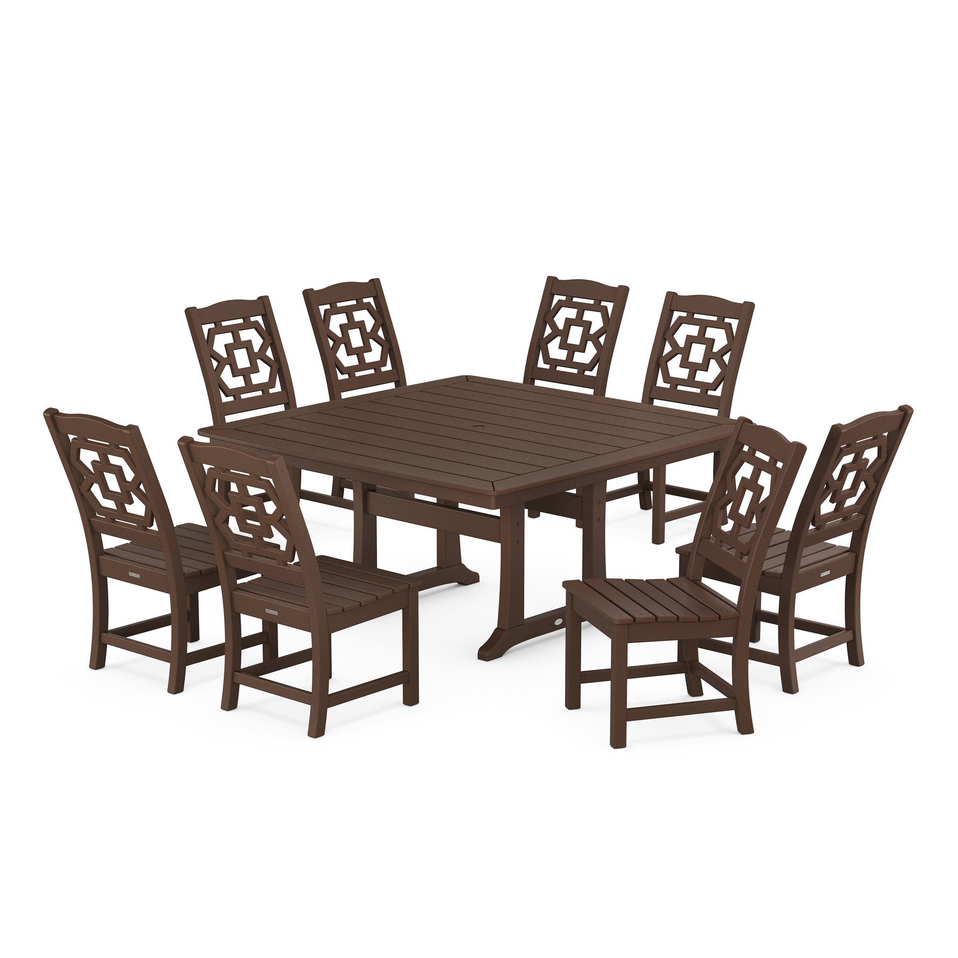 POLYWOOD Chinoiserie 9-Piece Square Side Chair Dining Set with Trestle Legs — Mahogany