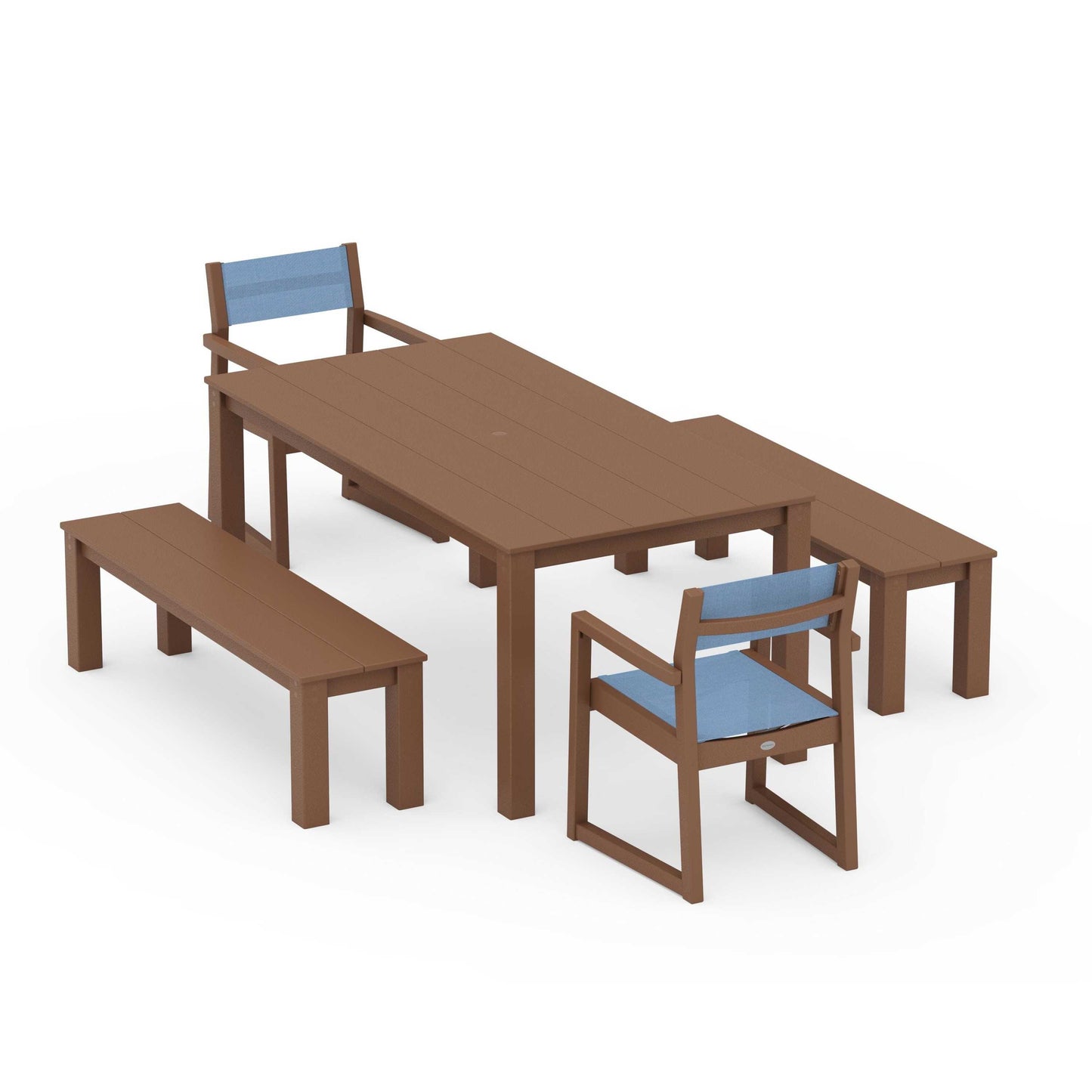 POLYWOOD EDGE Sling Arm Chair 5-Piece Parsons Dining Set with Benches — Teak / Poolside Sling