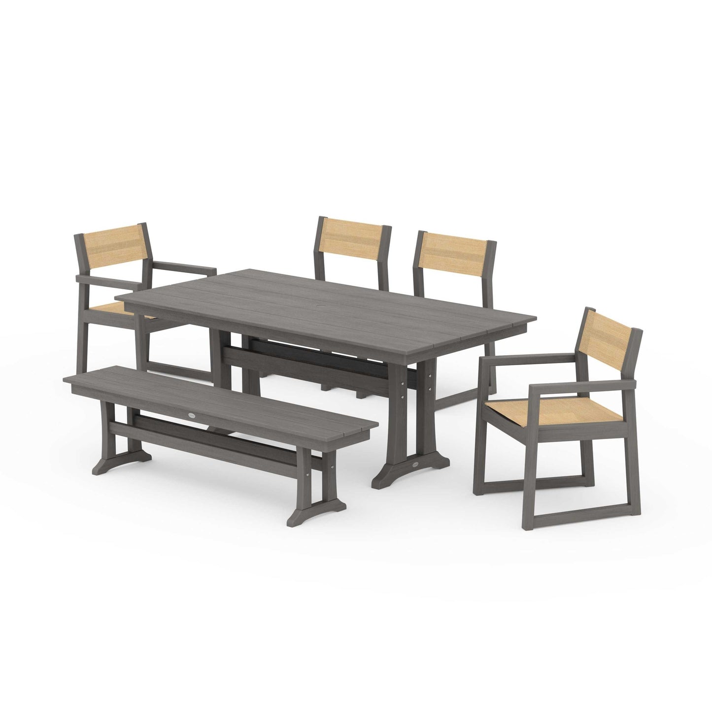 POLYWOOD EDGE Sling 6-Piece Farmhouse Dining Set With Trestle Legs — Driftwood / Dupioni Apricot Sling