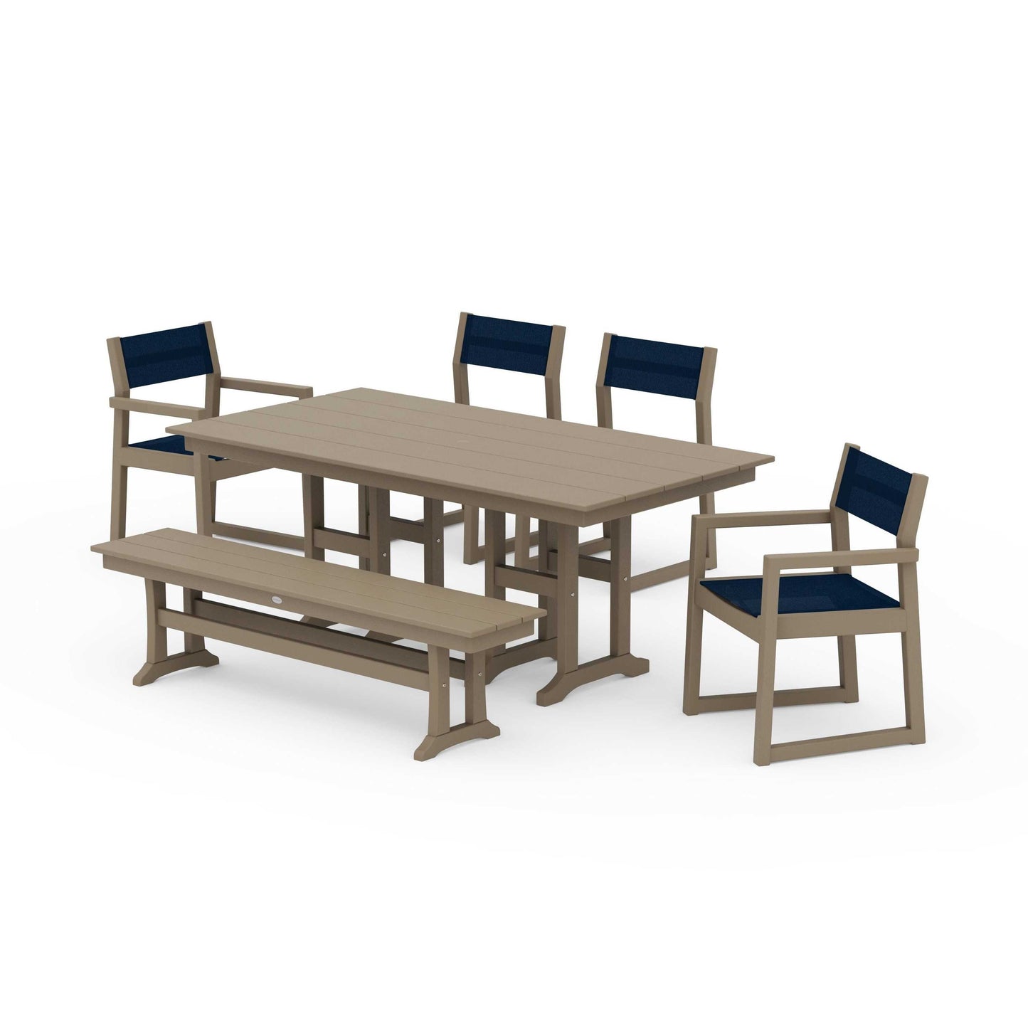 POLYWOOD EDGE Sling 6-Piece Farmhouse Dining Set — Vintage Sahara / Navy Blue Sling