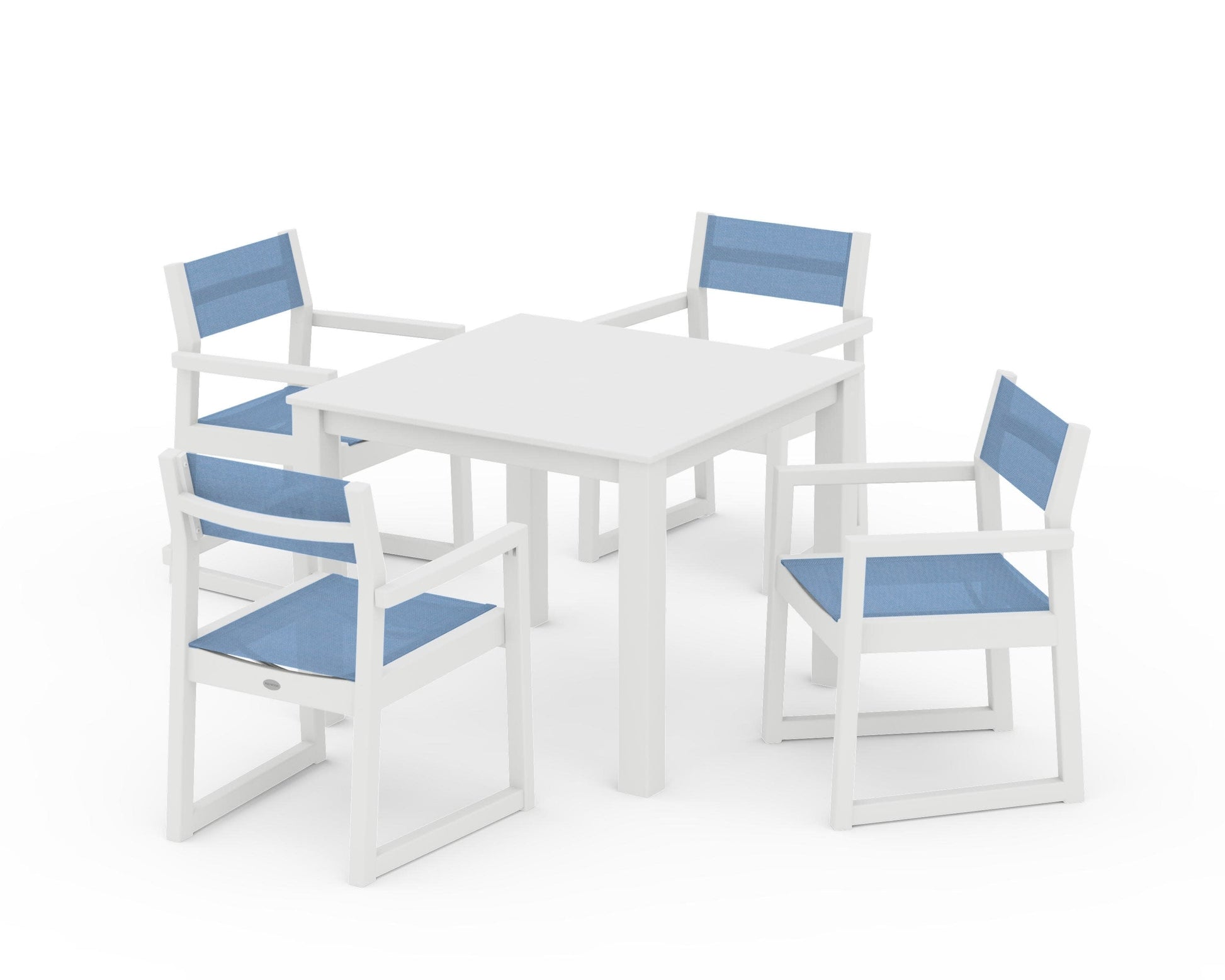 POLYWOOD EDGE Sling Arm Chair 5-Piece Parsons Dining Set — White / Poolside Sling