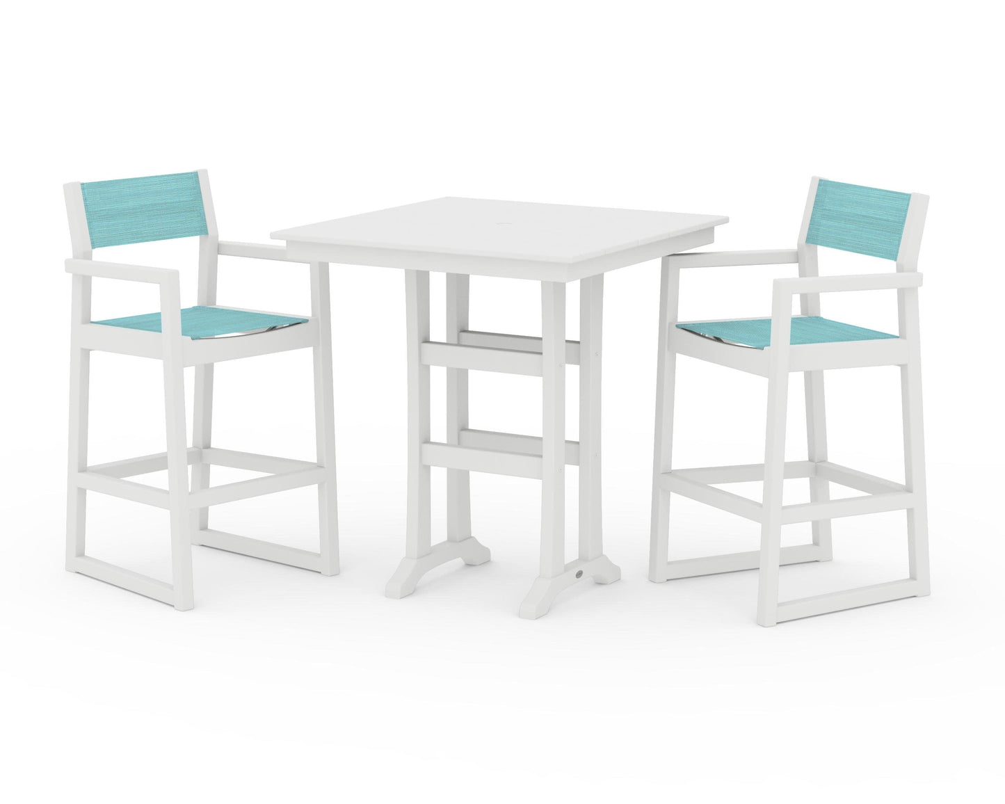 POLYWOOD EDGE Sling Arm Chair 3-Piece Farmhouse Bar Set with Trestle Legs — White / Dupioni Aquamarine Sling