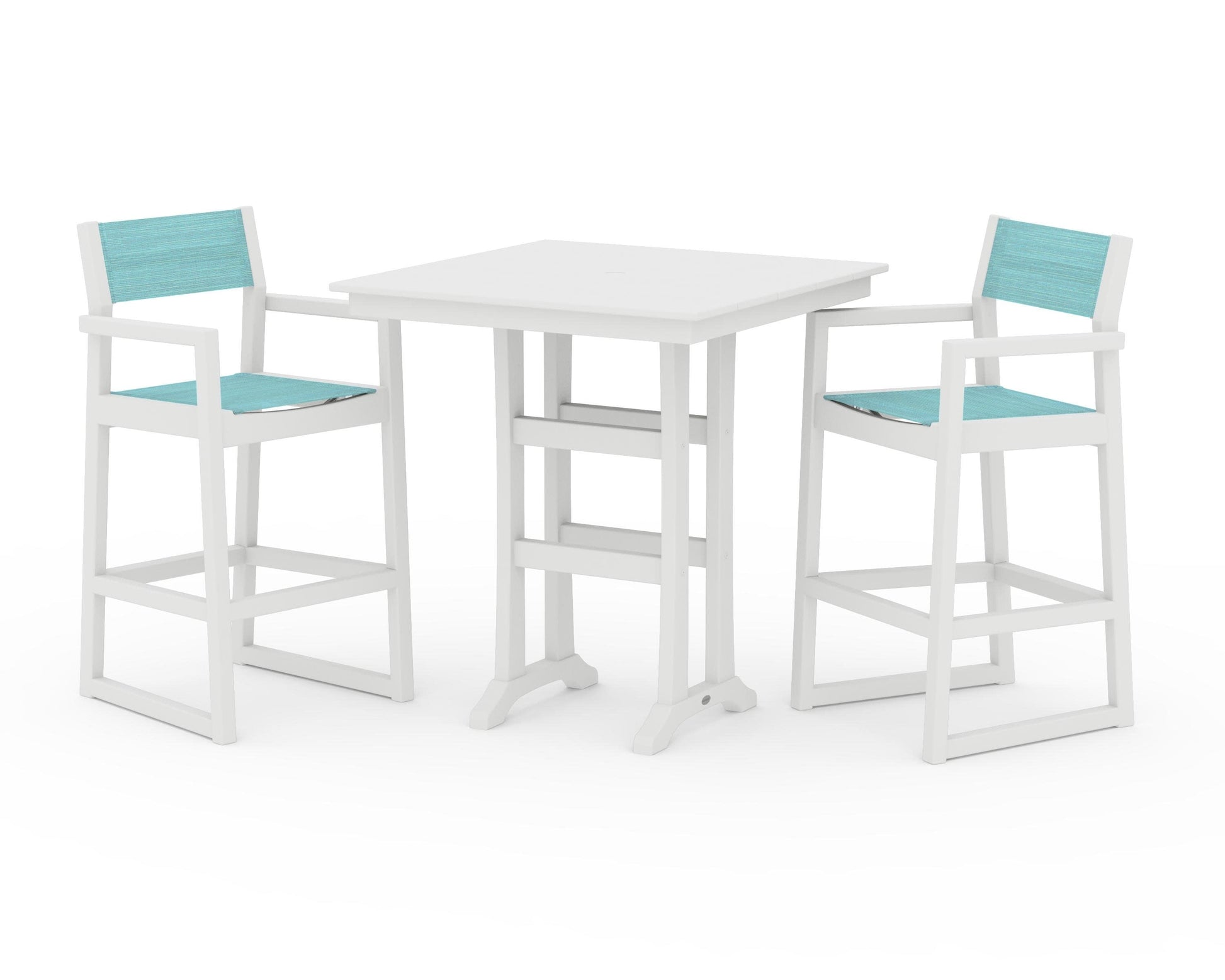 POLYWOOD EDGE Sling Arm Chair 3-Piece Farmhouse Bar Set with Trestle Legs — White / Dupioni Aquamarine Sling
