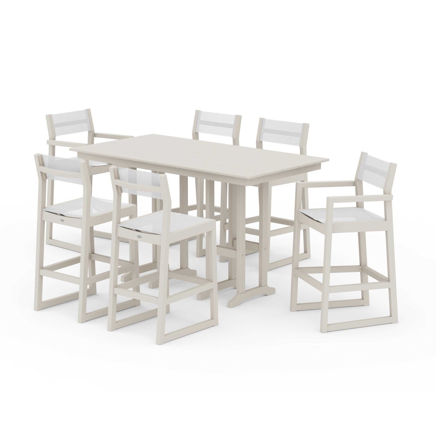 POLYWOOD EDGE Sling 7-Piece Farmhouse Bar Set — Sand / White Sling