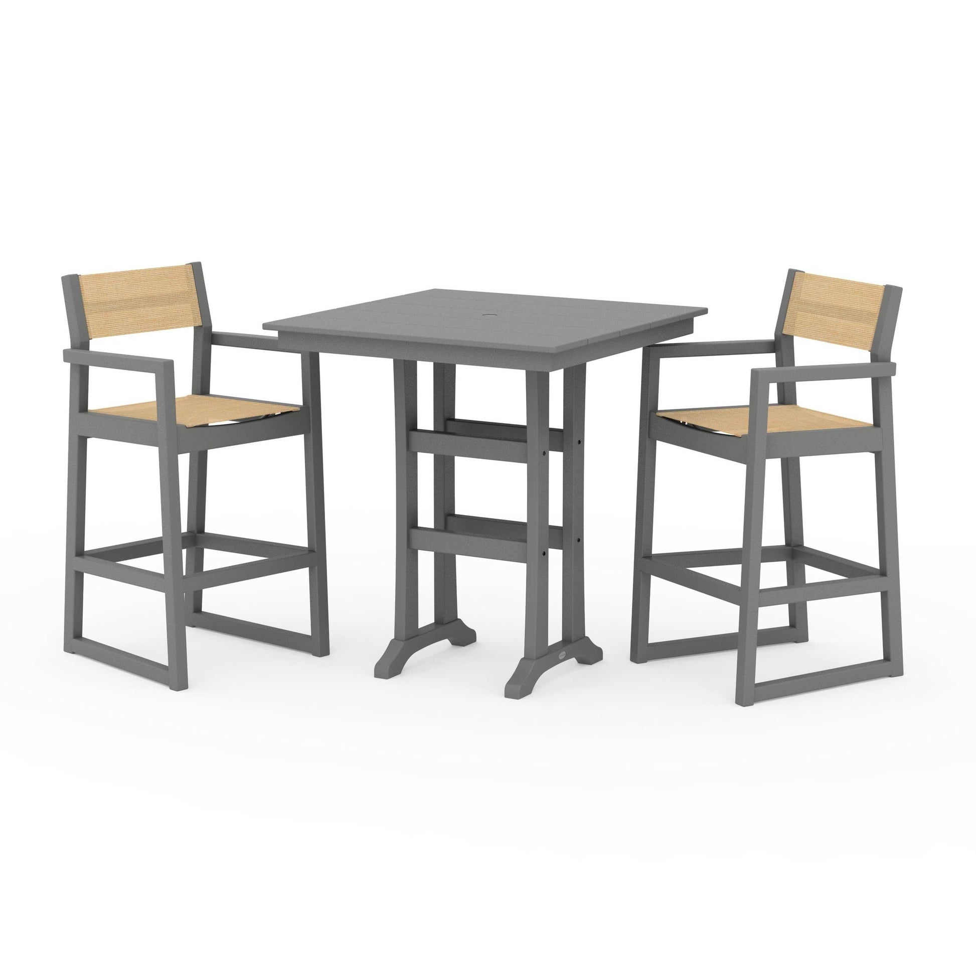 POLYWOOD EDGE Sling Arm Chair 3-Piece Farmhouse Bar Set with Trestle Legs — Slate Grey / Dupioni Apricot Sling