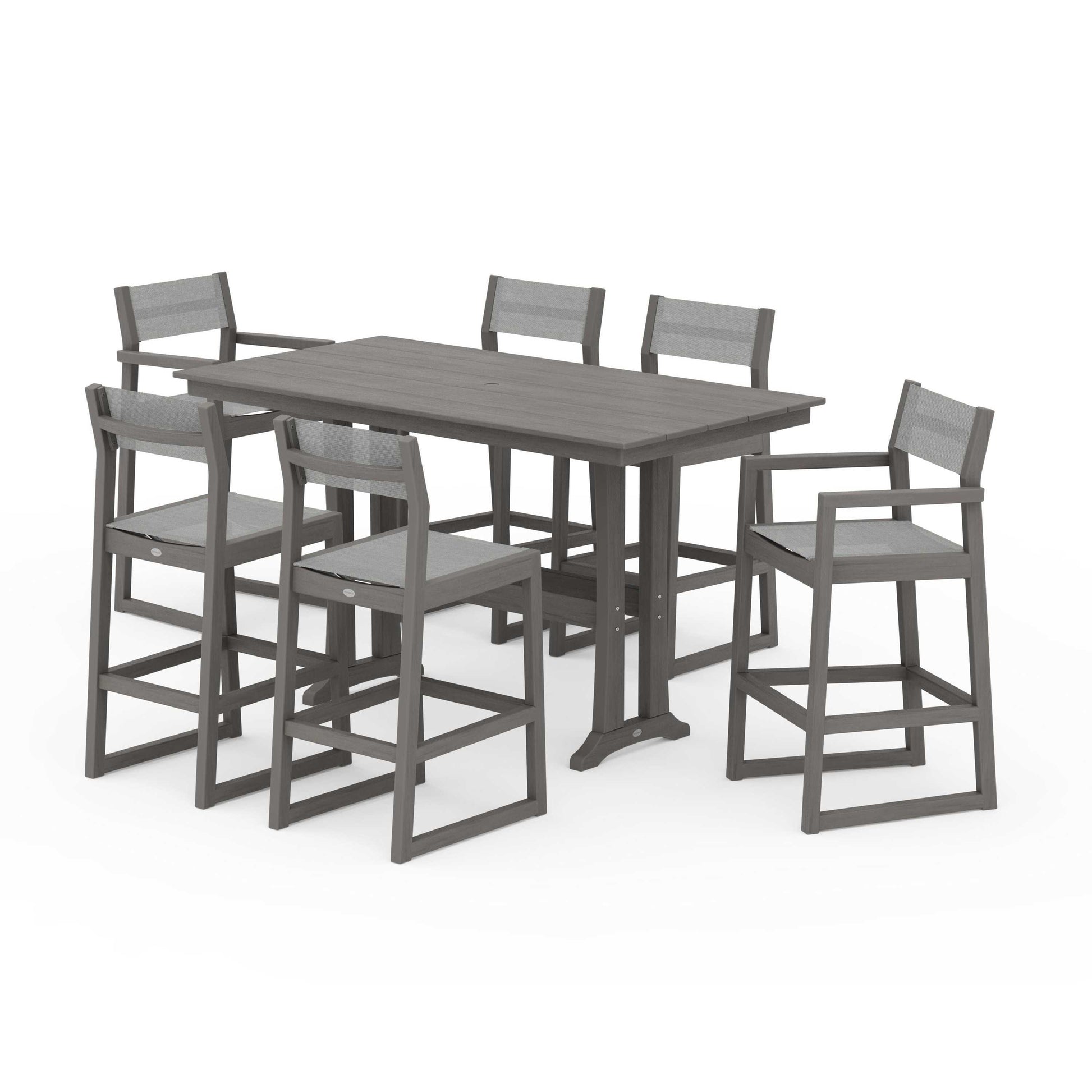 POLYWOOD EDGE Sling 7-Piece Farmhouse Bar Set with Trestle Legs — Driftwood / Metallic Sling